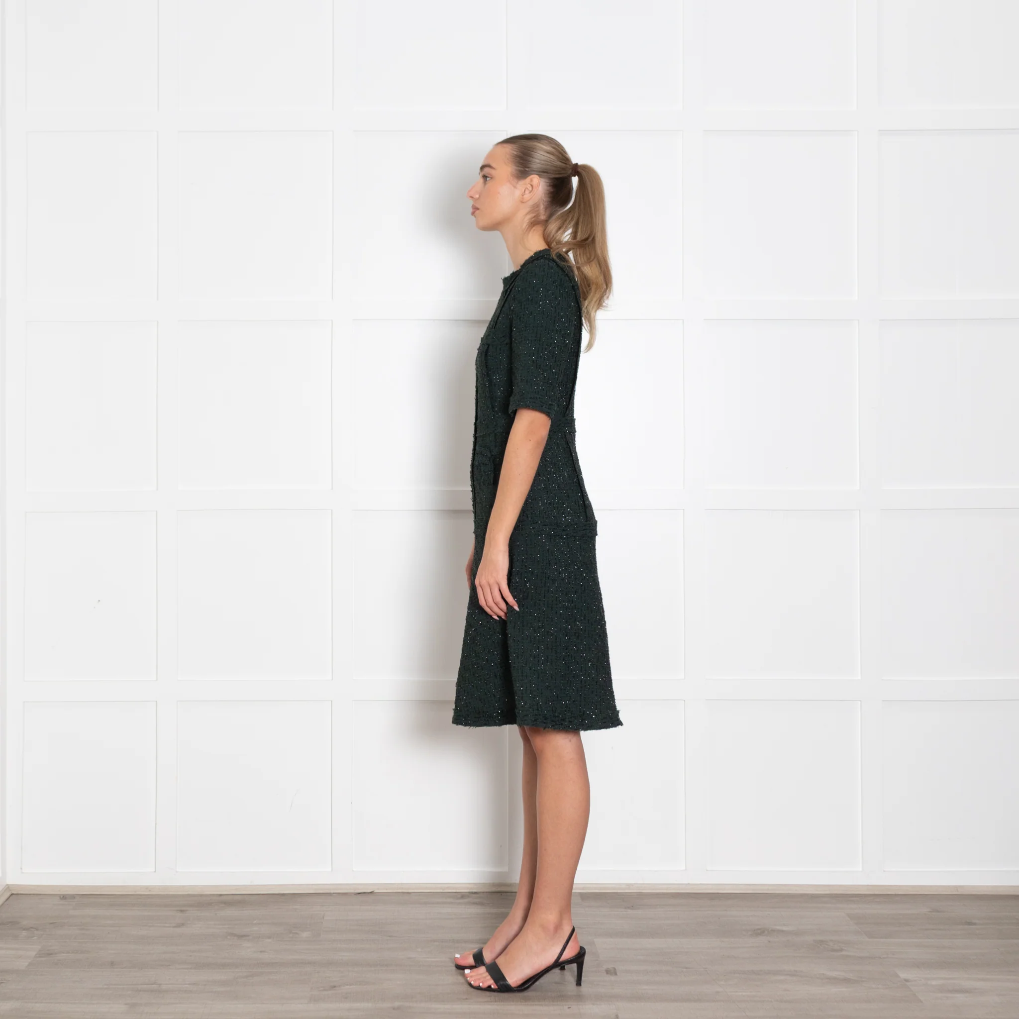 Teri Jon Dark Green Black Lurex Fleck Short Sleeve Dress - Image 4