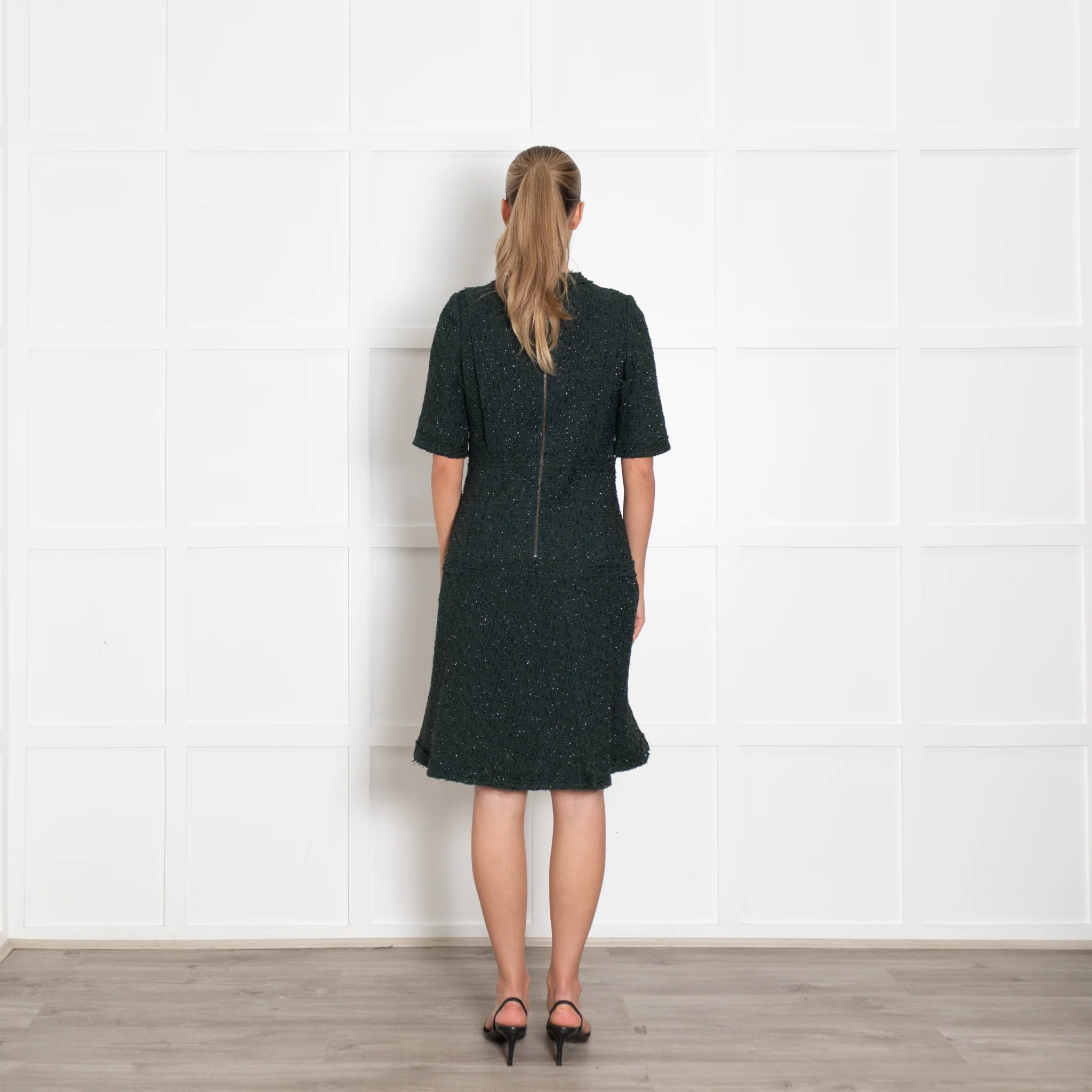 Teri Jon Dark Green Black Lurex Fleck Short Sleeve Dress - Image 5