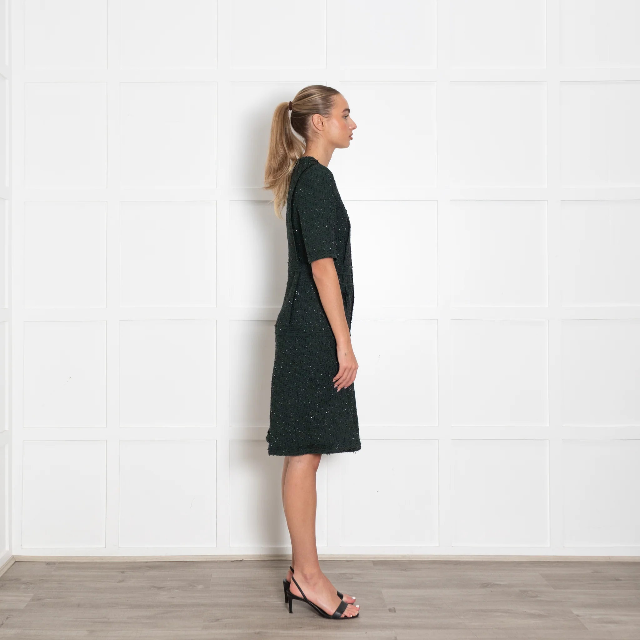 Teri Jon Dark Green Black Lurex Fleck Short Sleeve Dress - Image 6
