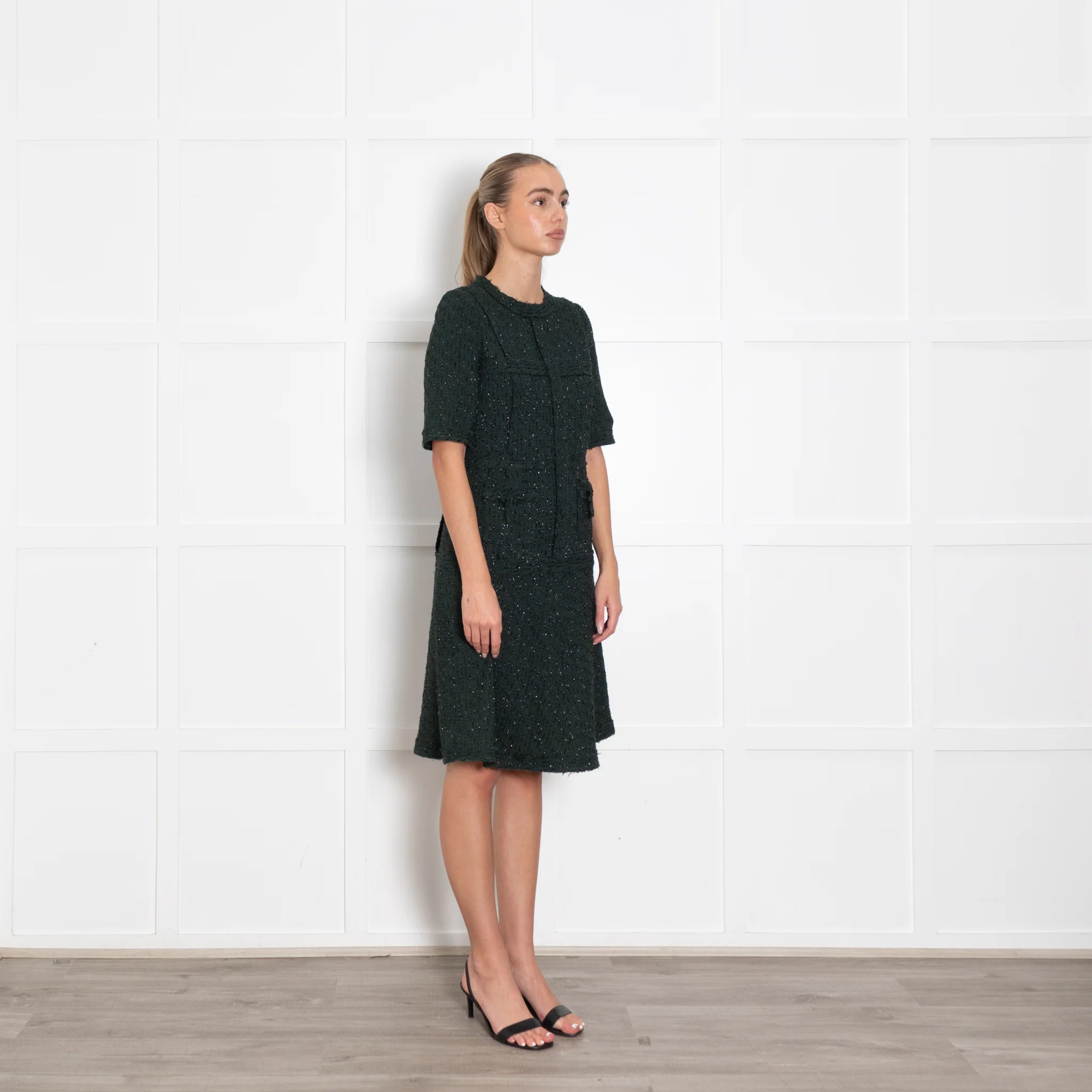 Teri Jon Dark Green Black Lurex Fleck Short Sleeve Dress - Image 7