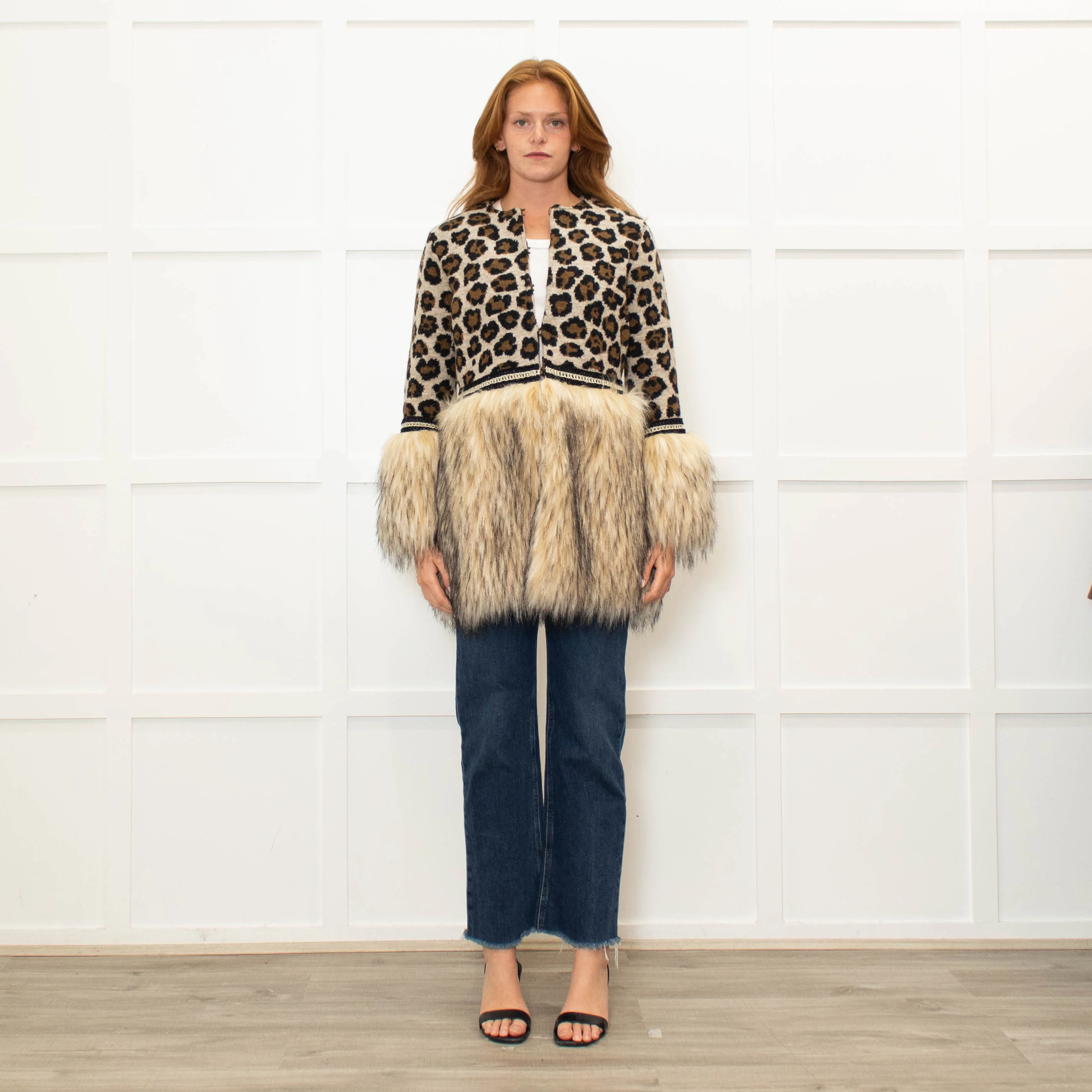 The Extreme Collection Beige Brown Animal Print Faux Fur Trim Cardigan