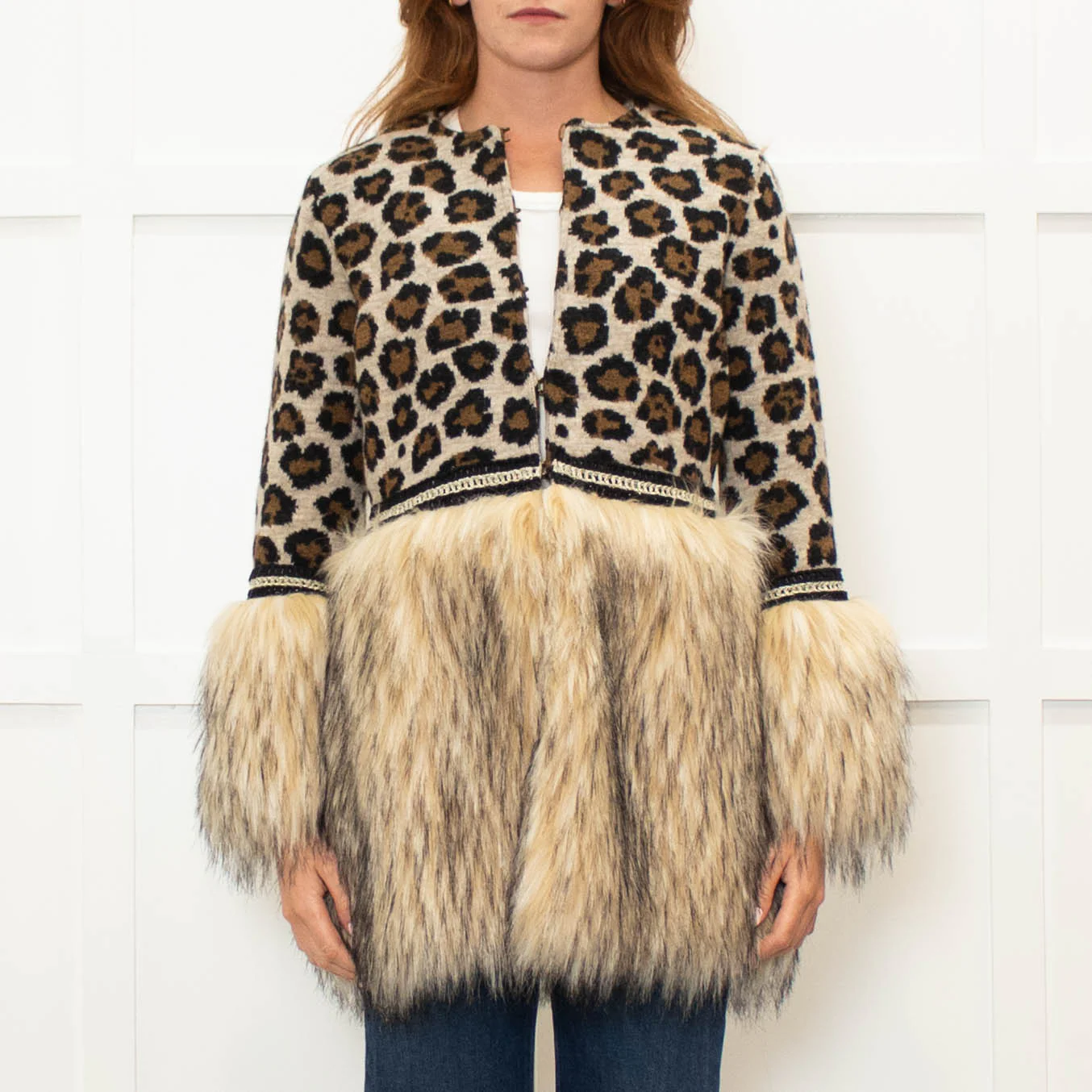 The Extreme Collection Beige Brown Animal Print Faux Fur Trim Cardigan - Image 2