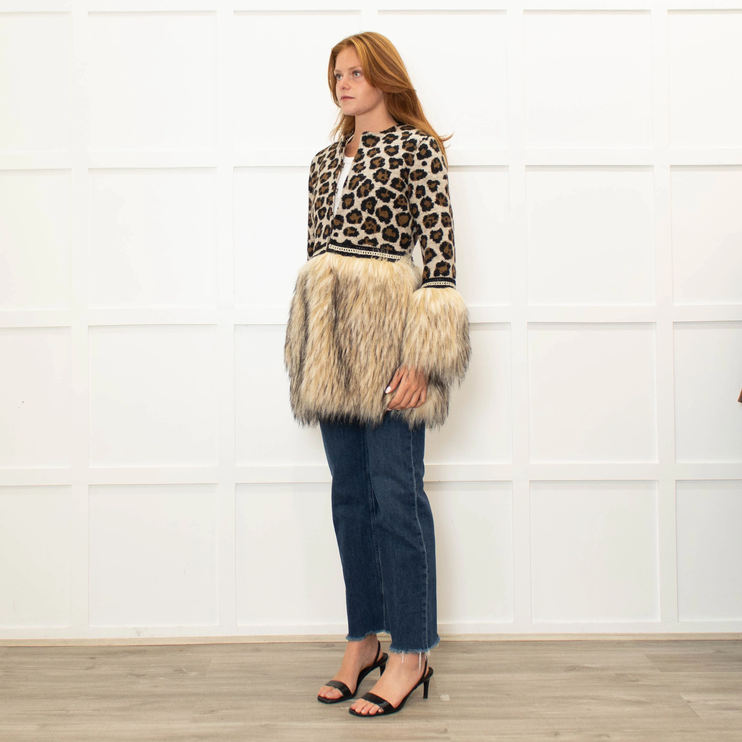 The Extreme Collection Beige Brown Animal Print Faux Fur Trim Cardigan - Image 3