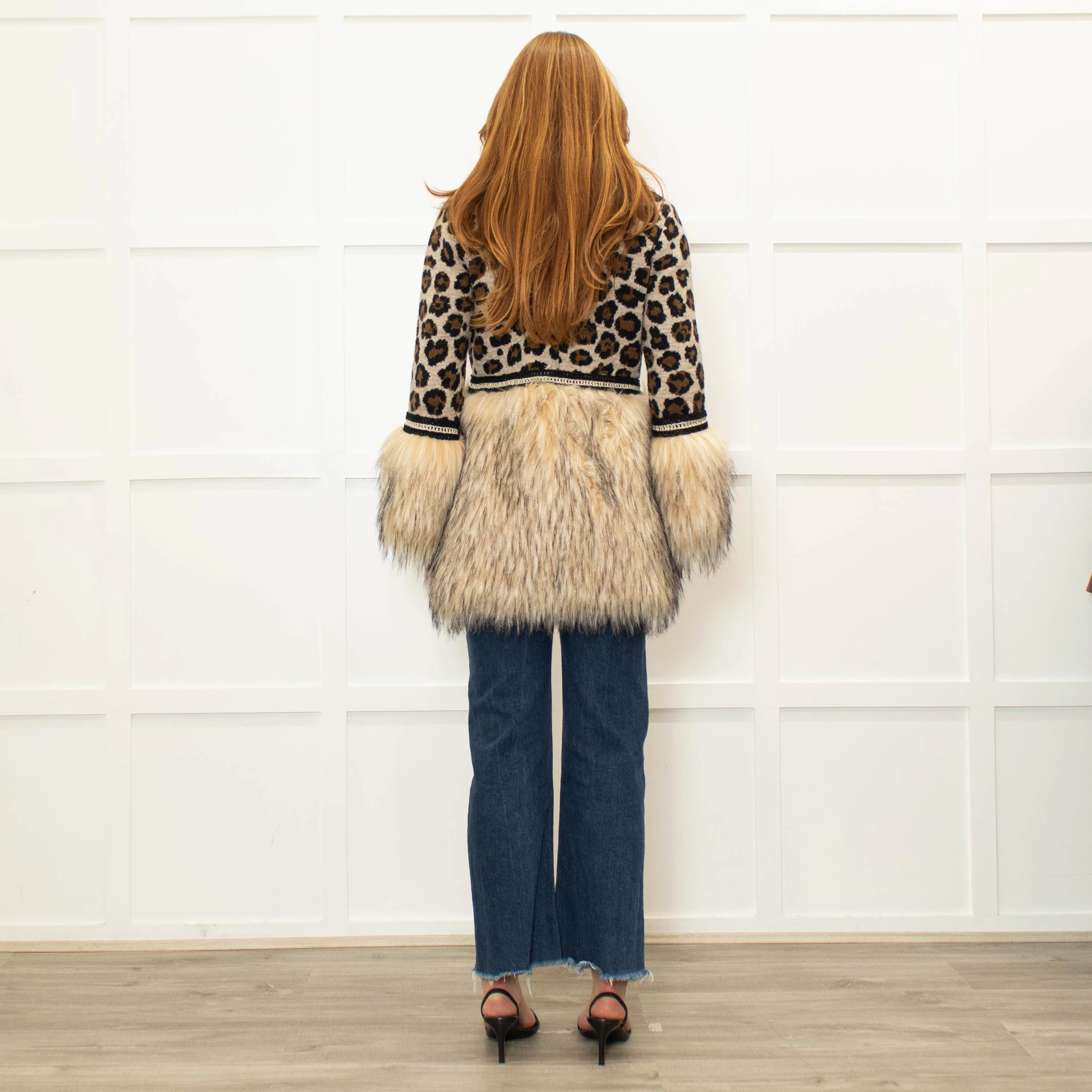 The Extreme Collection Beige Brown Animal Print Faux Fur Trim Cardigan - Image 5