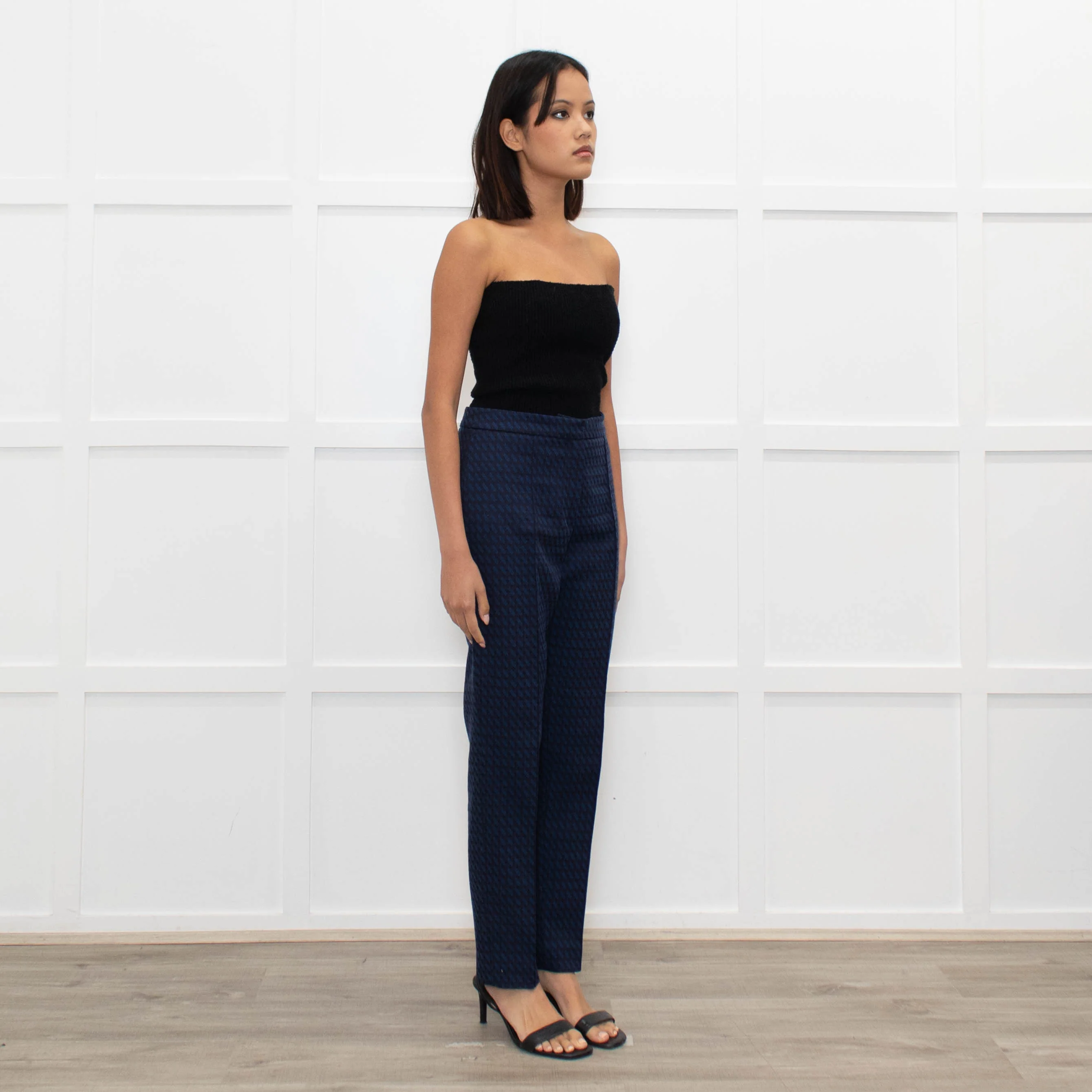 The Fold Black Blue Geometric Pattern Narrow Leg Trousers - Image 3