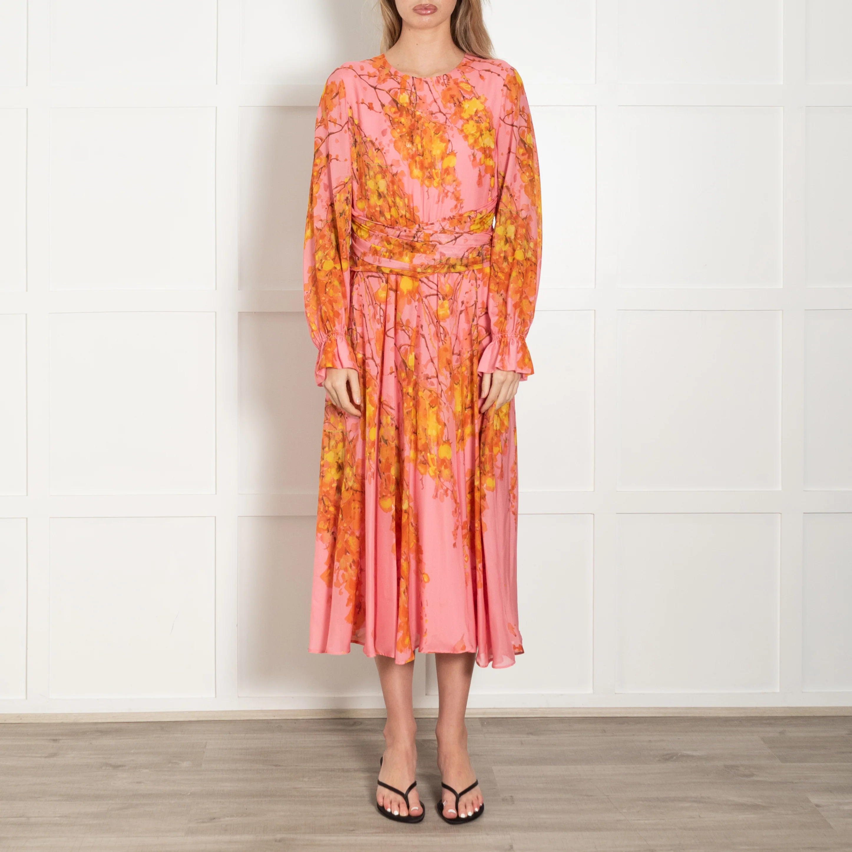 The Fold Pink & Yellow Floral Silk Dress With Gathered Long Sleeves - Image 2