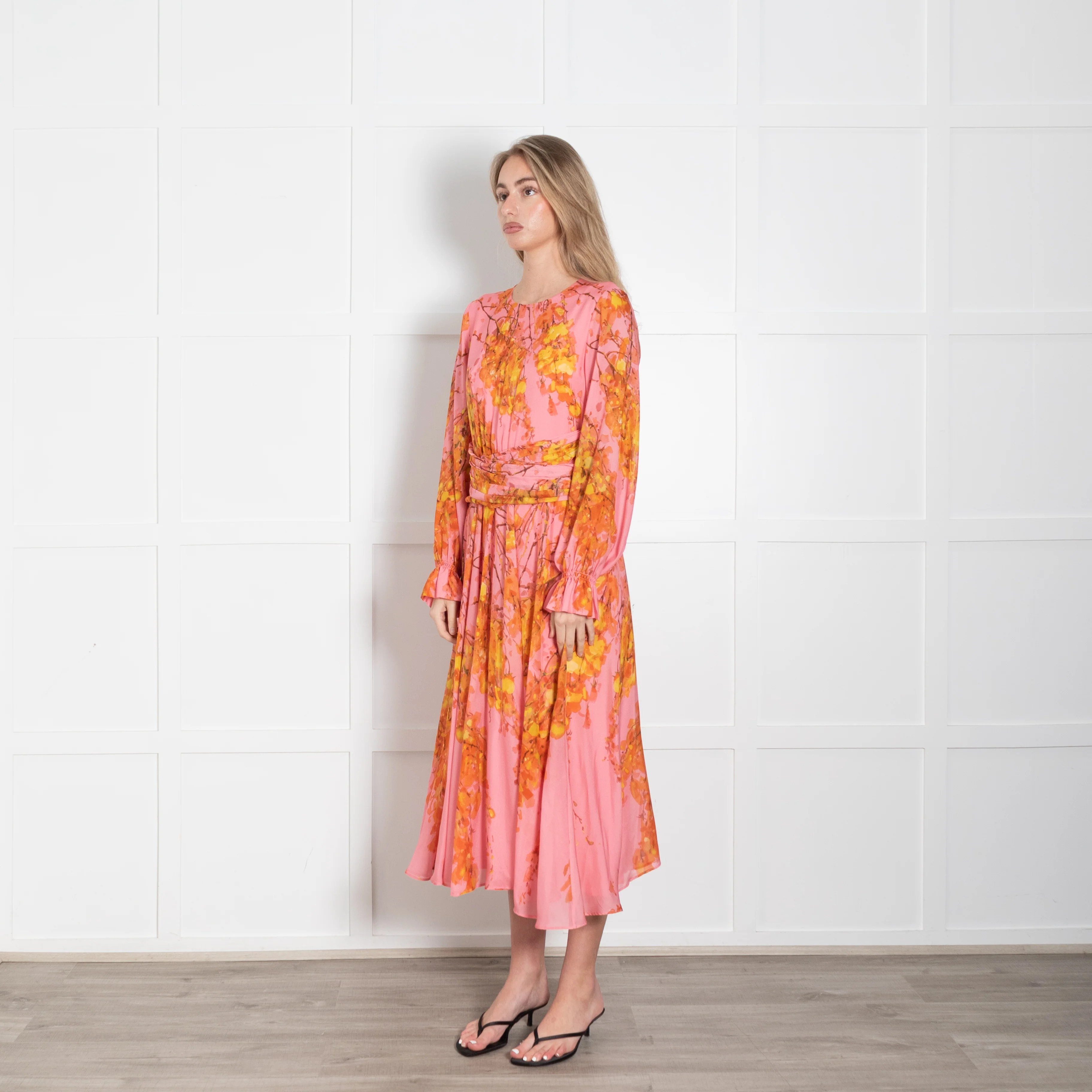 The Fold Pink & Yellow Floral Silk Dress With Gathered Long Sleeves - Image 3