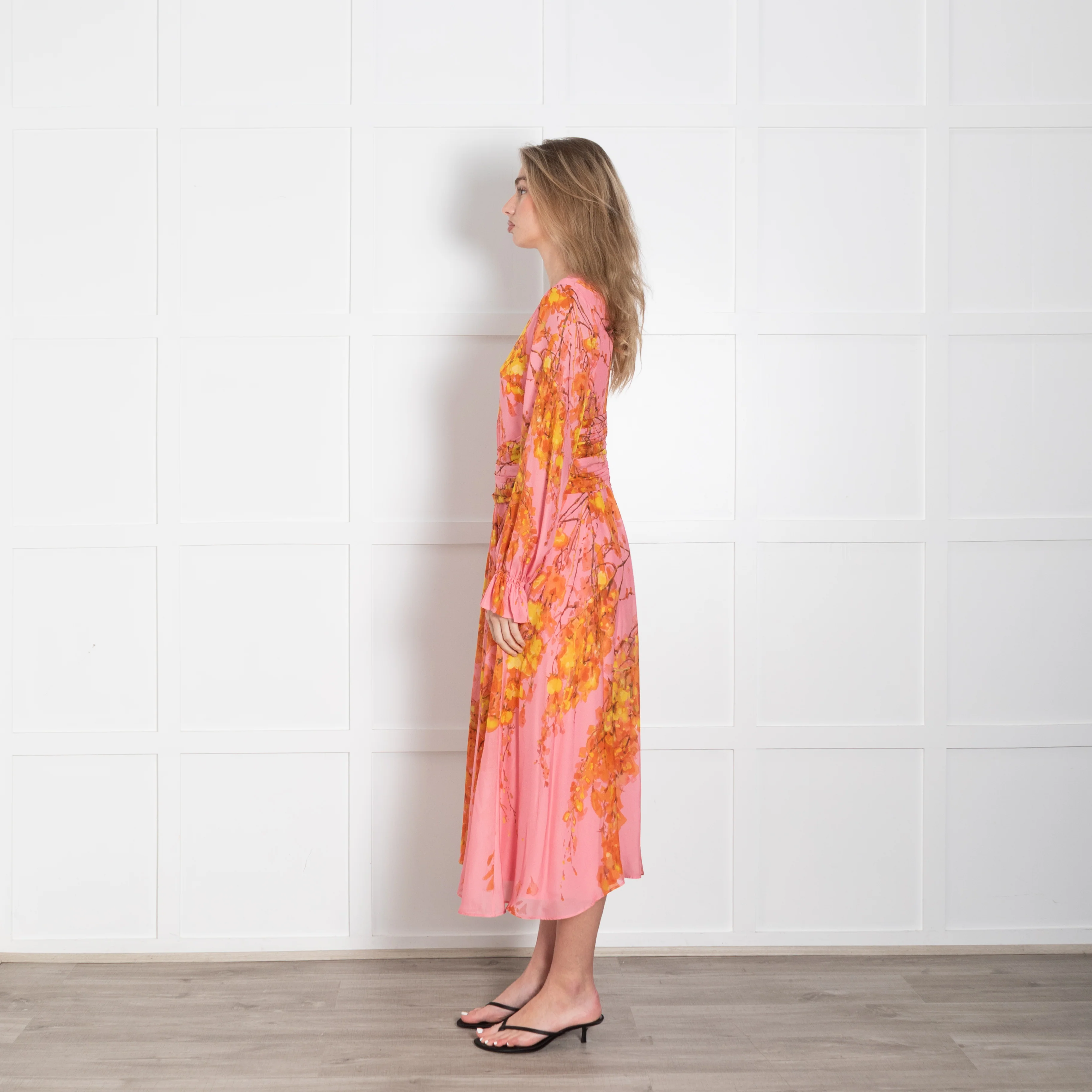 The Fold Pink & Yellow Floral Silk Dress With Gathered Long Sleeves - Image 4