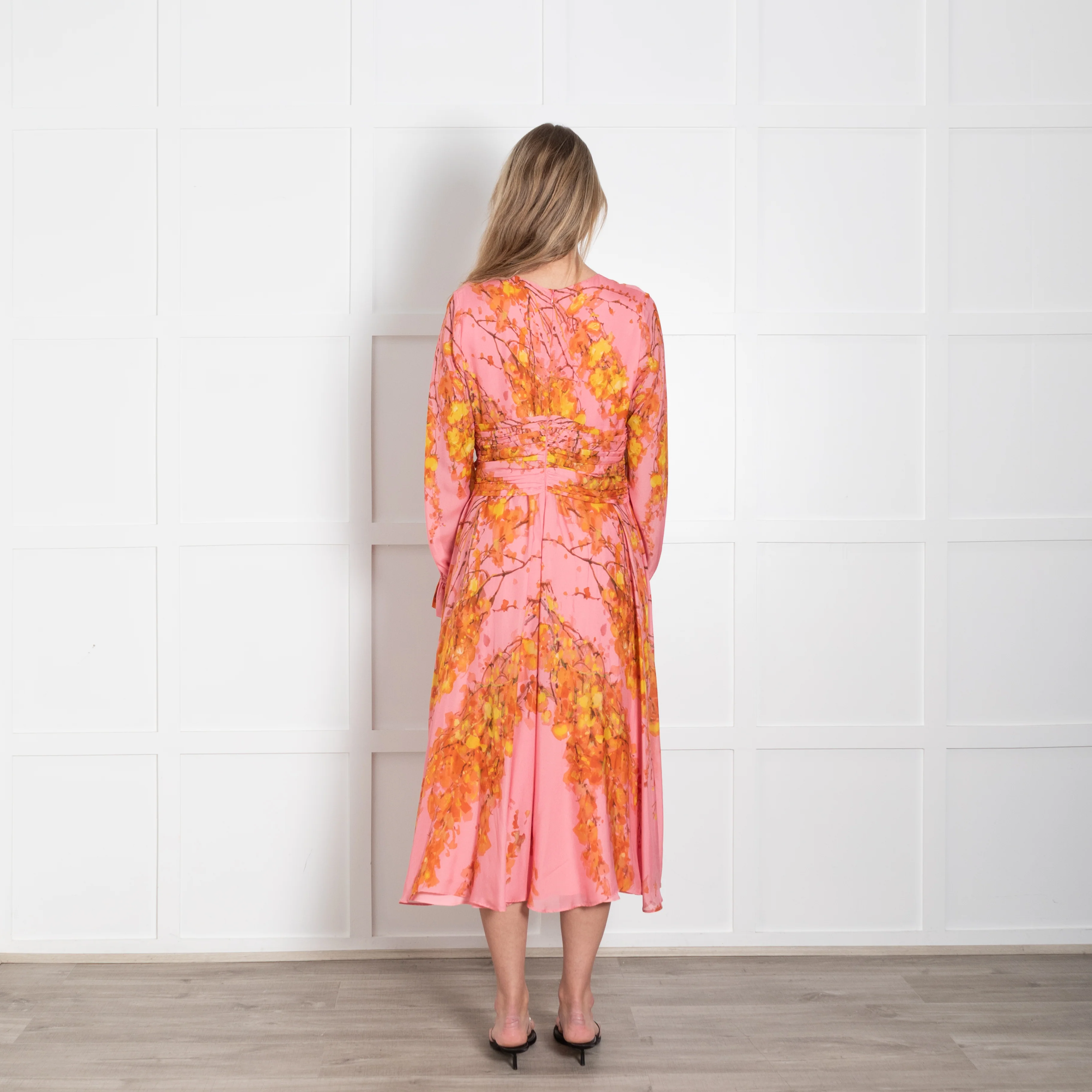 The Fold Pink & Yellow Floral Silk Dress With Gathered Long Sleeves - Image 5