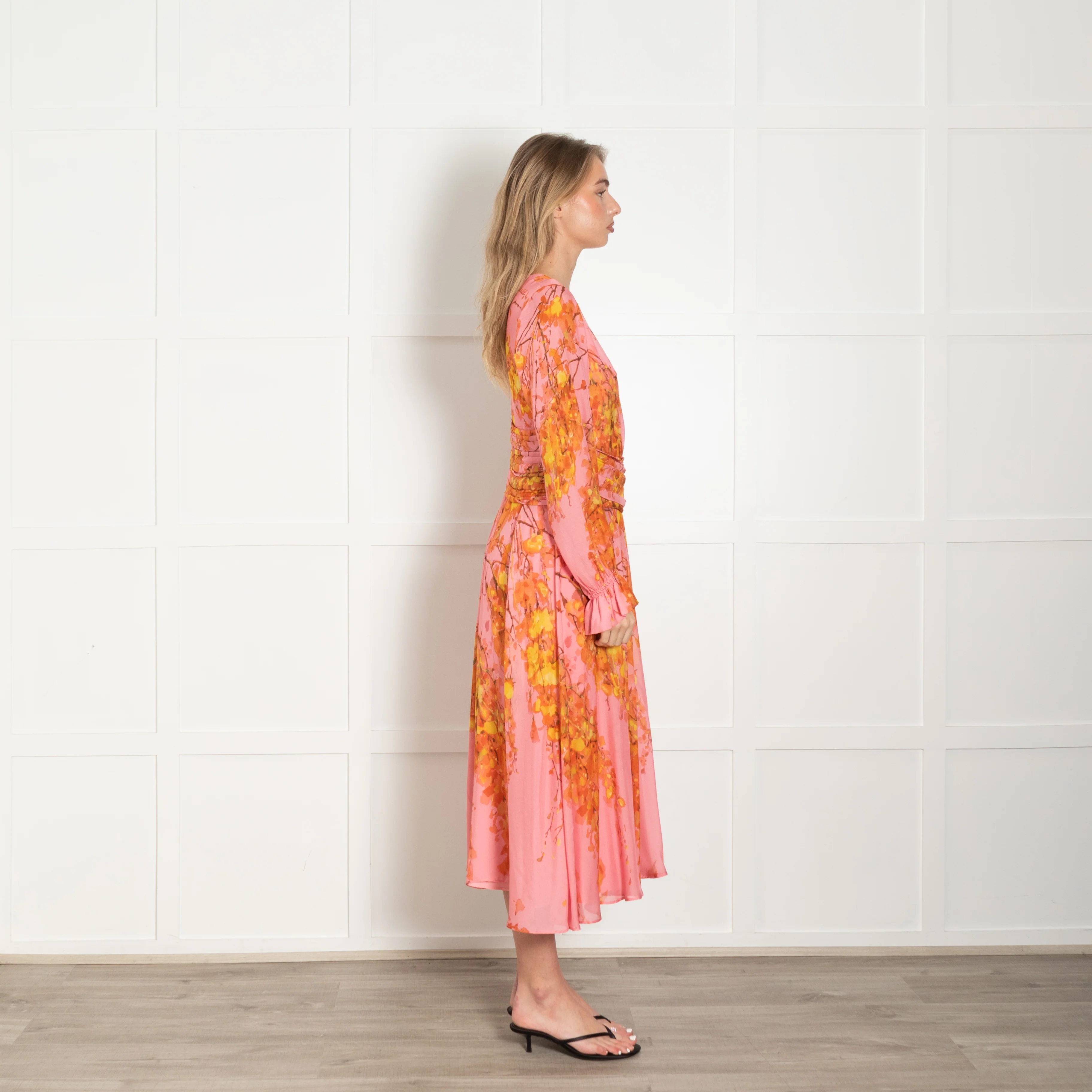 The Fold Pink & Yellow Floral Silk Dress With Gathered Long Sleeves - Image 6