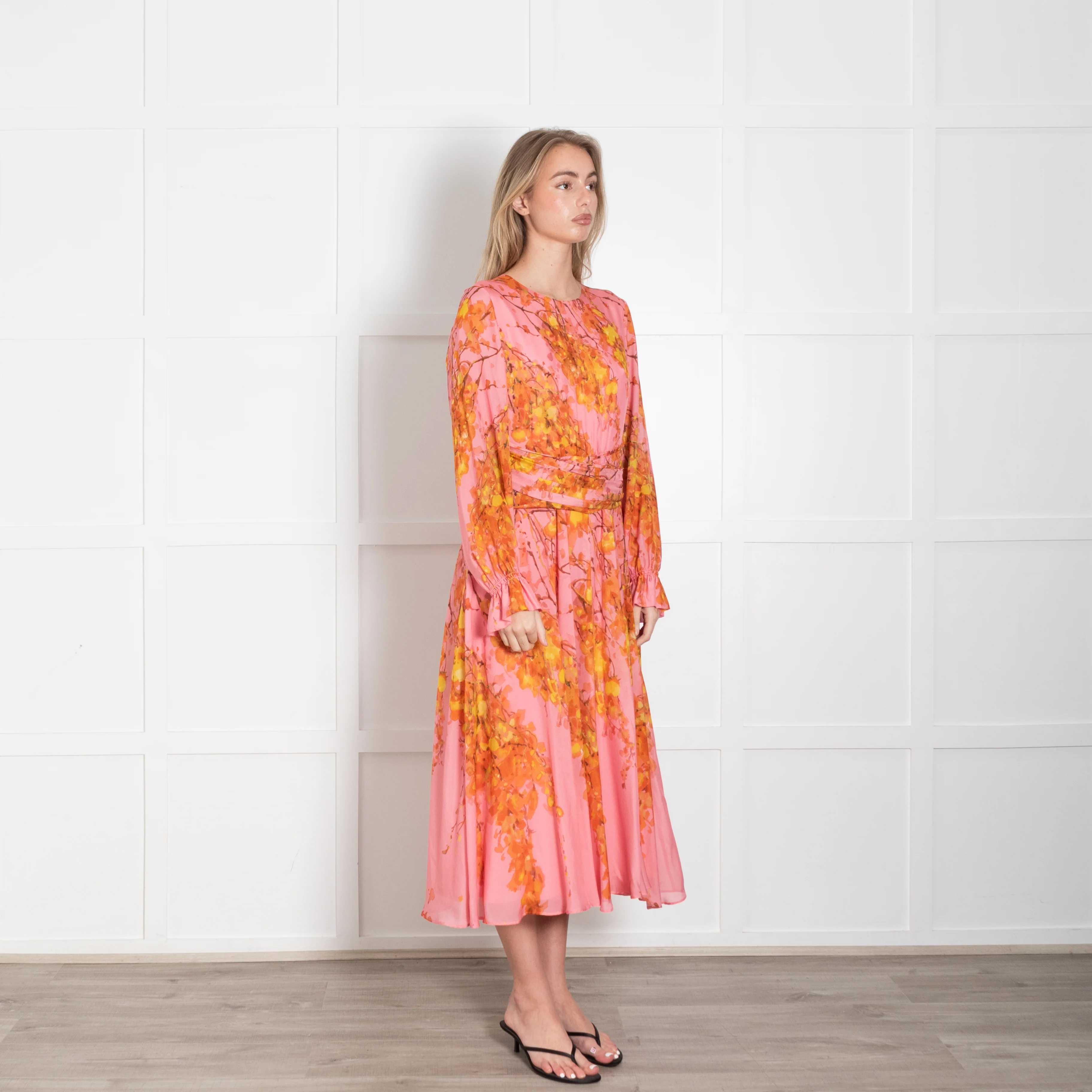 The Fold Pink & Yellow Floral Silk Dress With Gathered Long Sleeves - Image 7