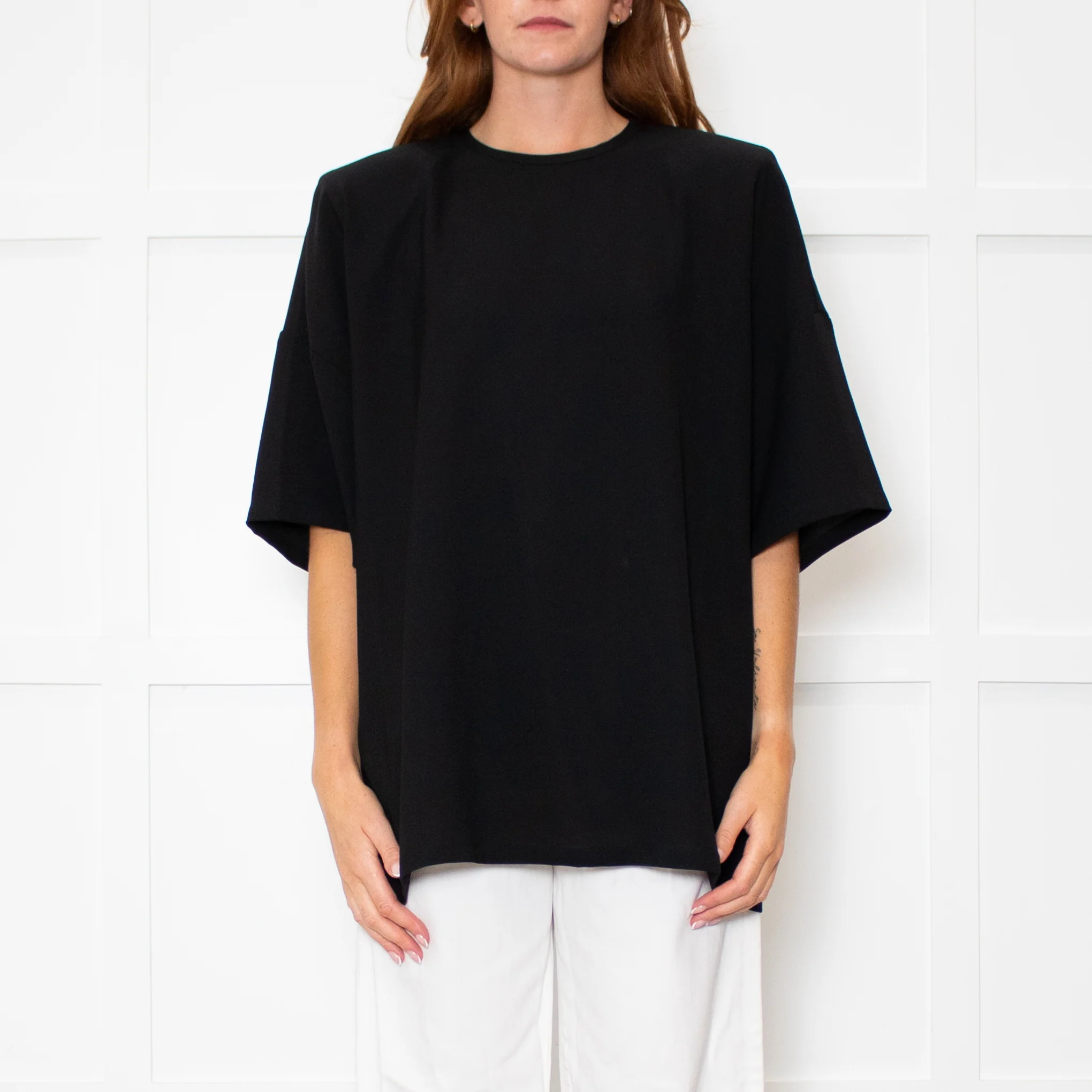 The Frankie Shop Callice Padded Black Crepe Short Sleeve Top - Image 2