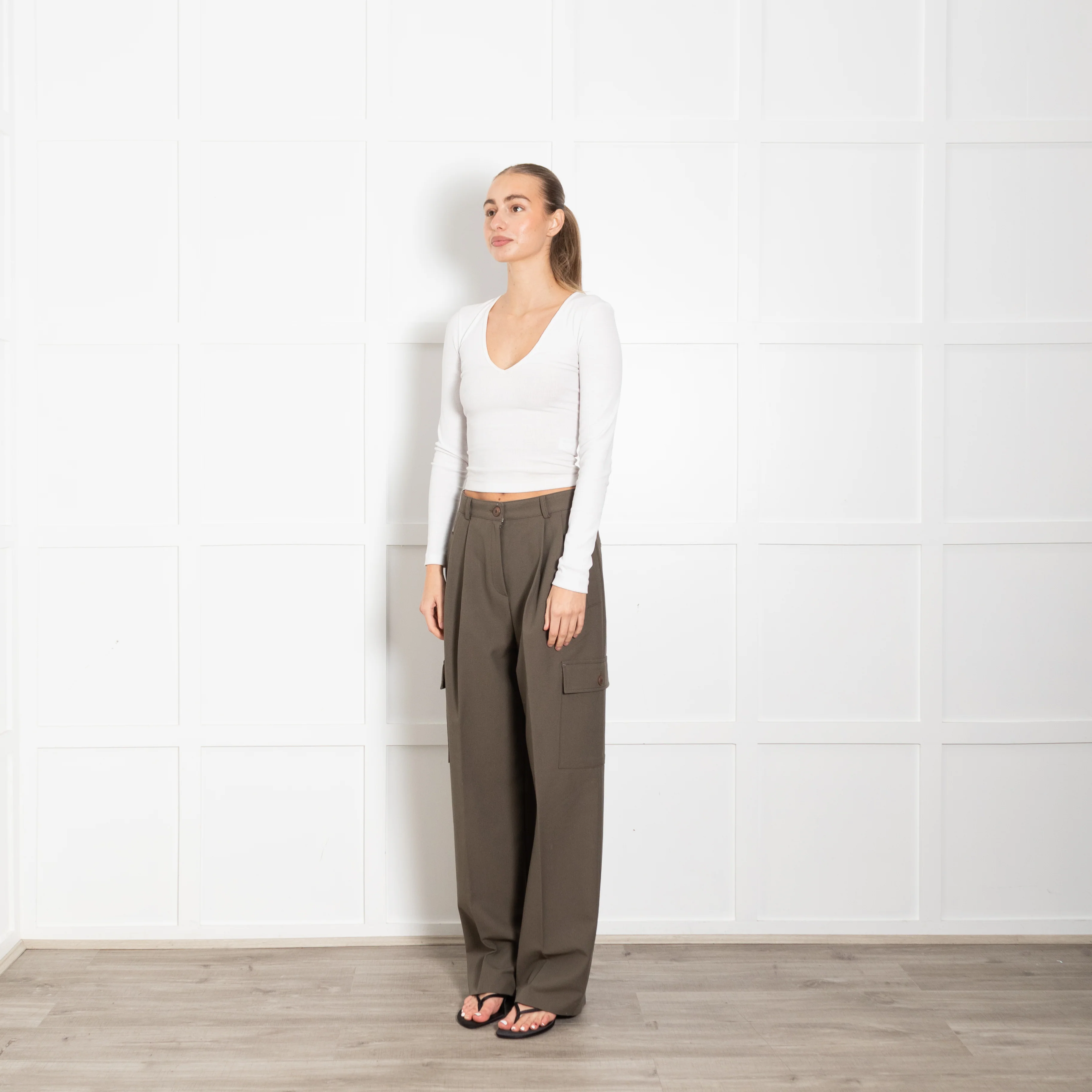 The Frankie Shop Khaki Cargo Wide Leg Trousers - Image 3