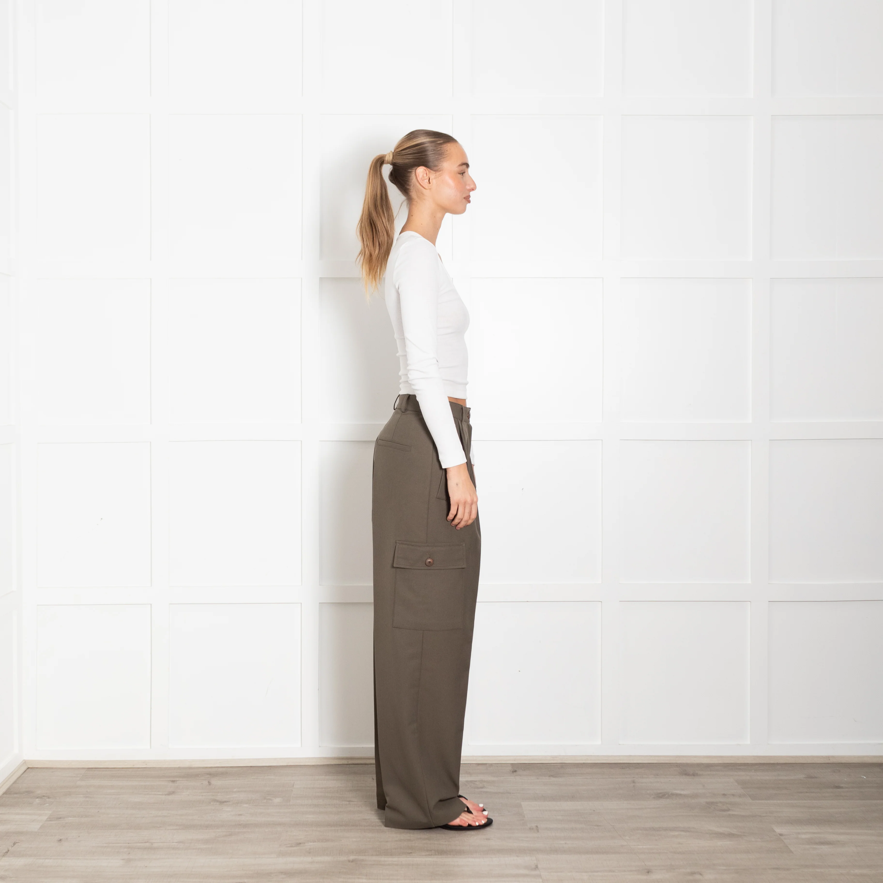 The Frankie Shop Khaki Cargo Wide Leg Trousers - Image 6