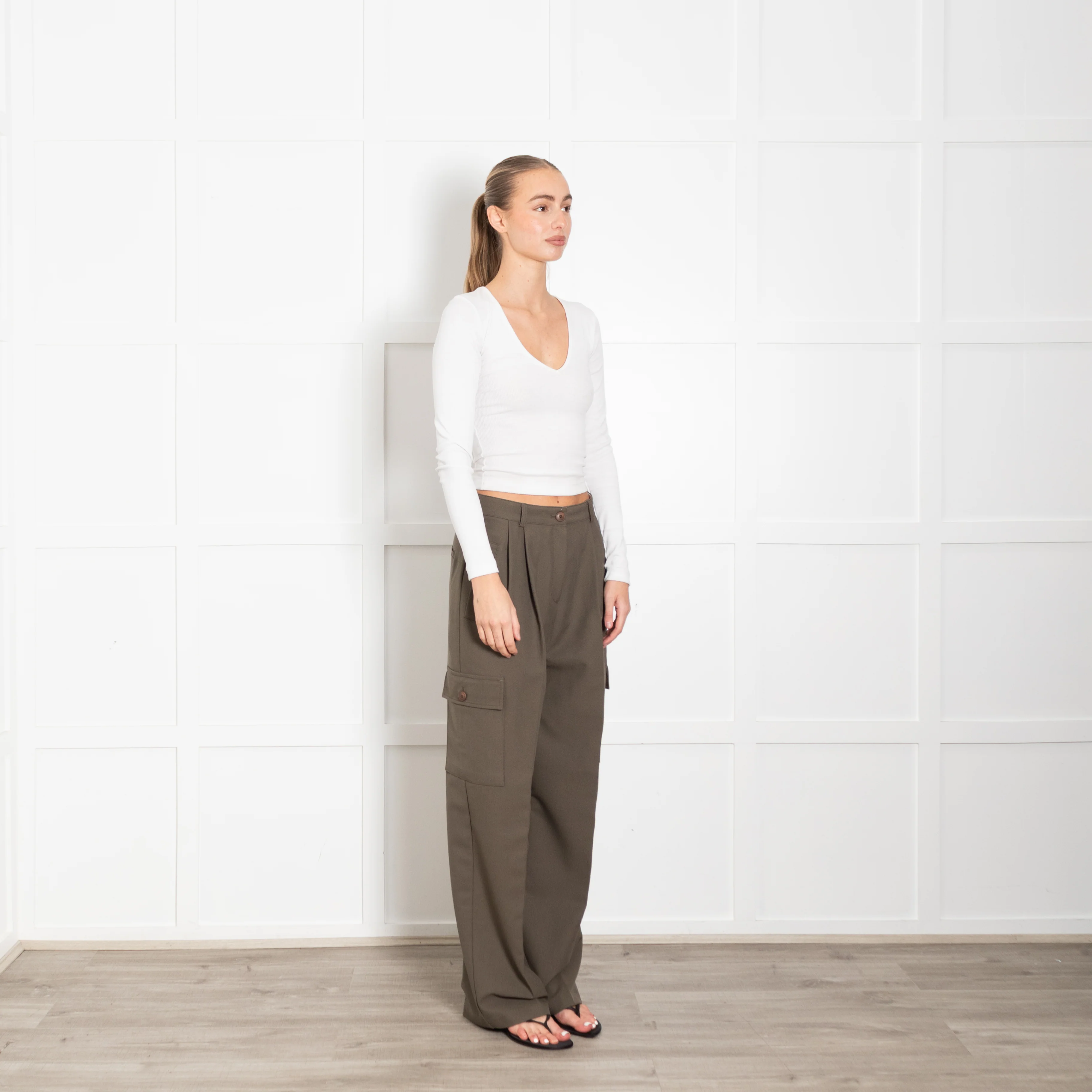 The Frankie Shop Khaki Cargo Wide Leg Trousers - Image 7
