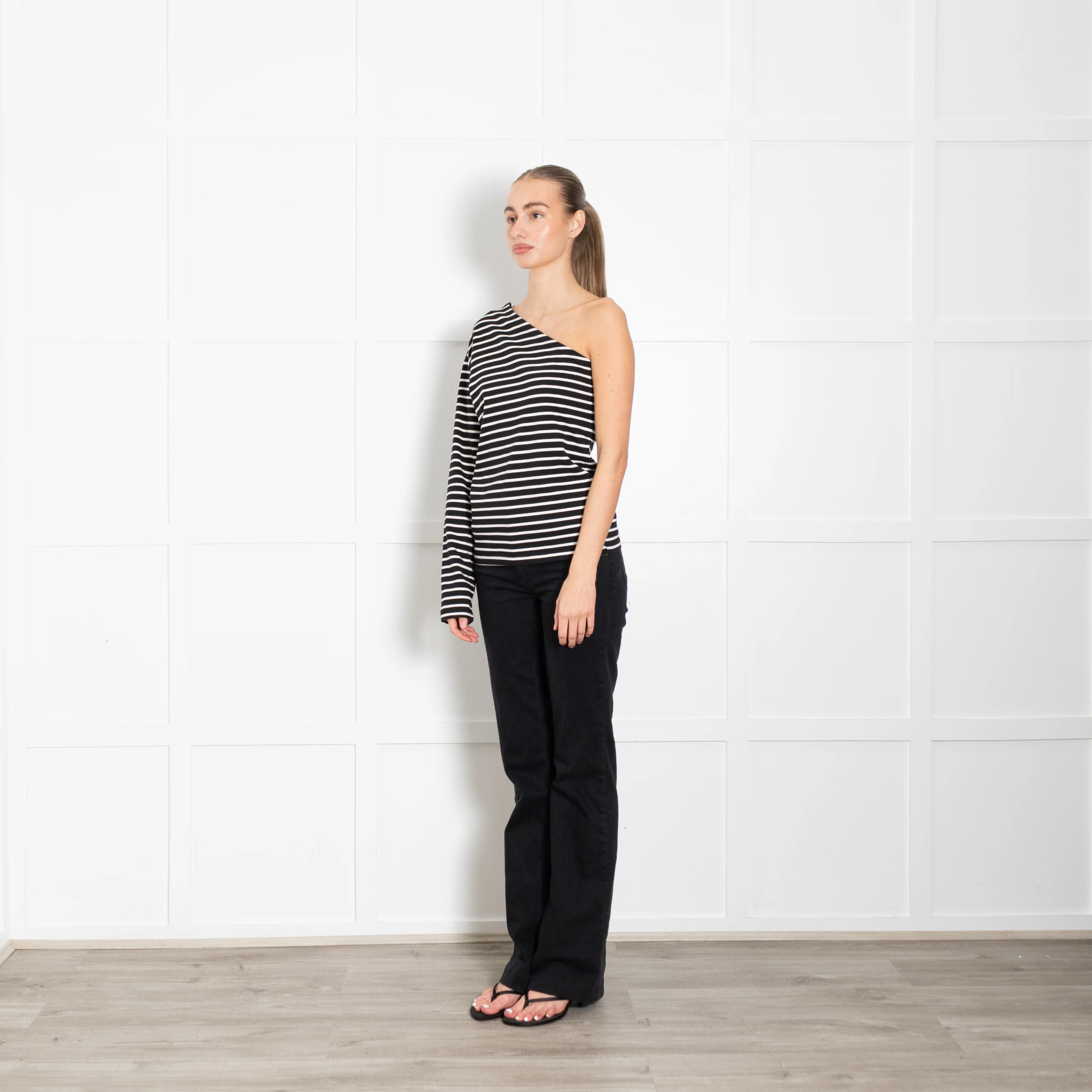 The Frankie Shop Navy White Striped One Shoulder T-Shirt - Image 3