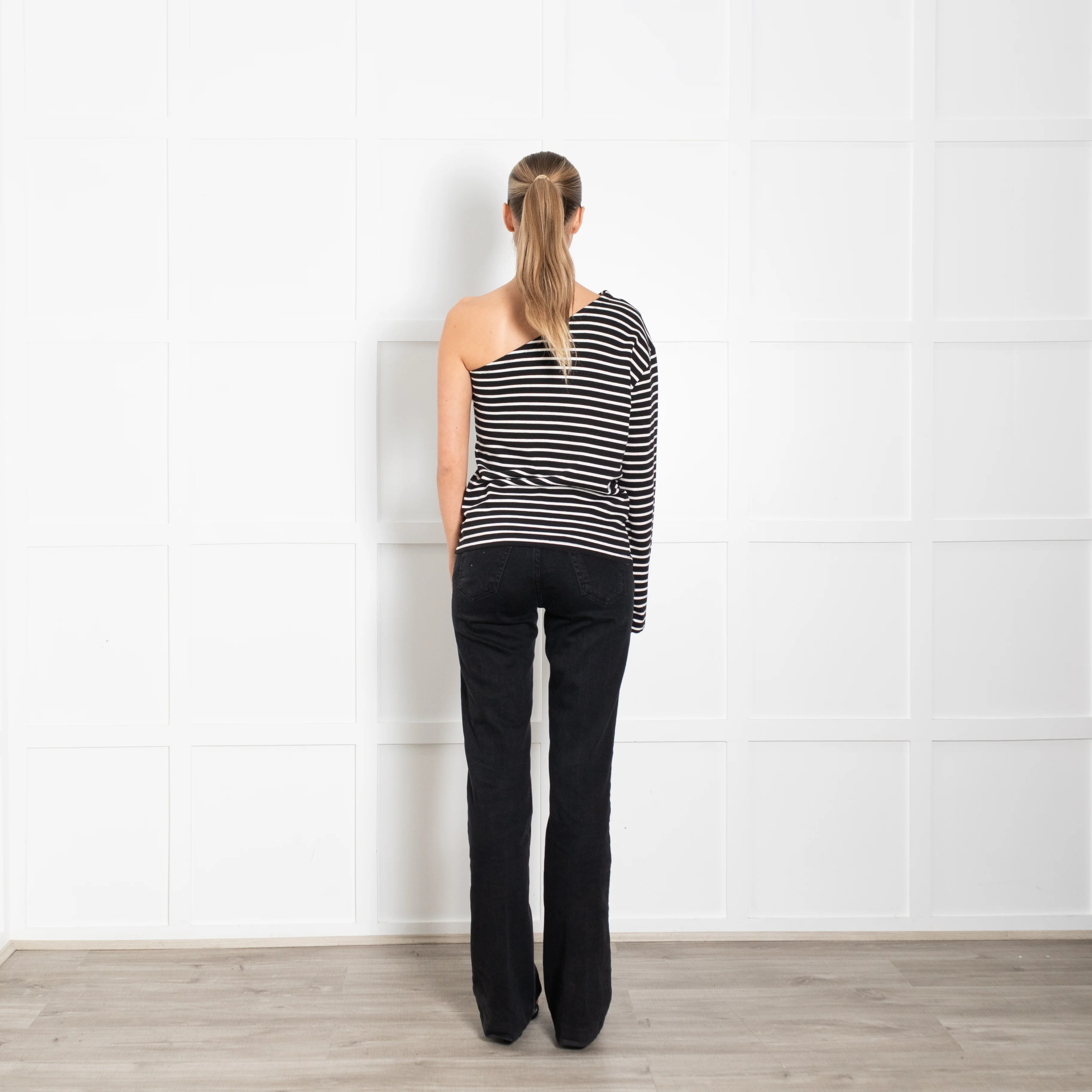 The Frankie Shop Navy White Striped One Shoulder T-Shirt - Image 5