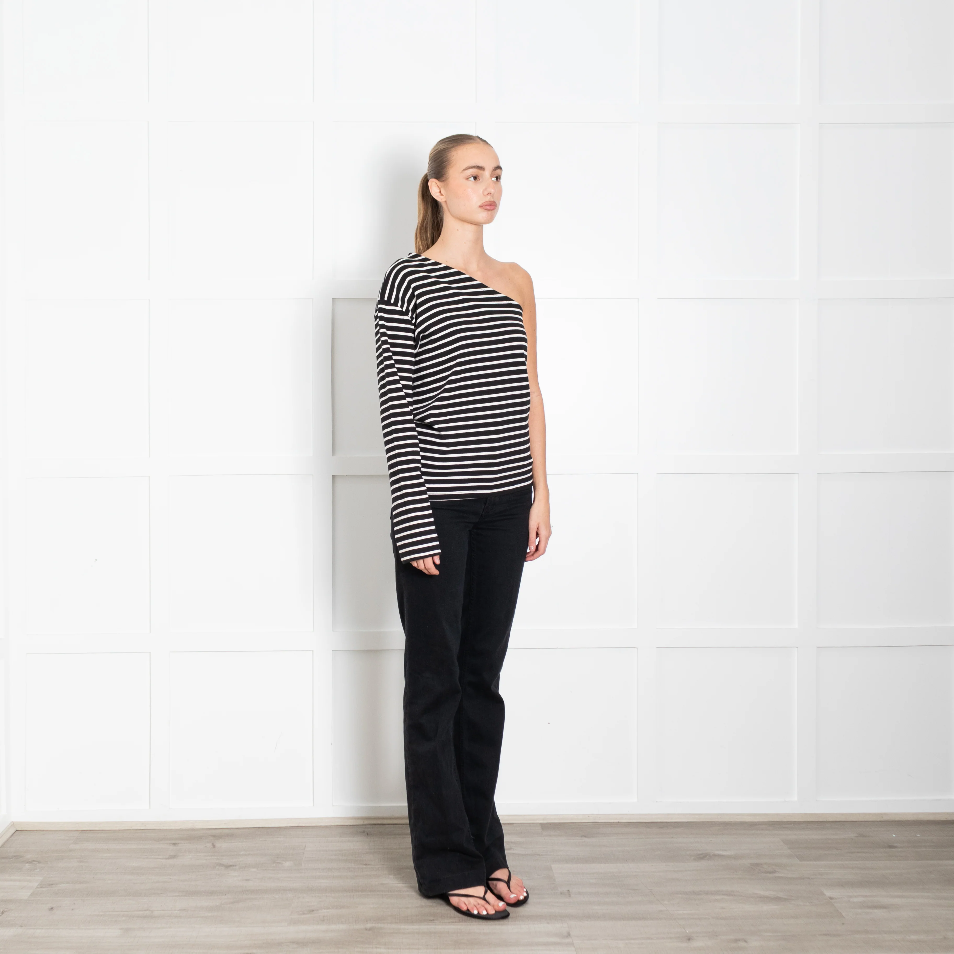 The Frankie Shop Navy White Striped One Shoulder T-Shirt - Image 7