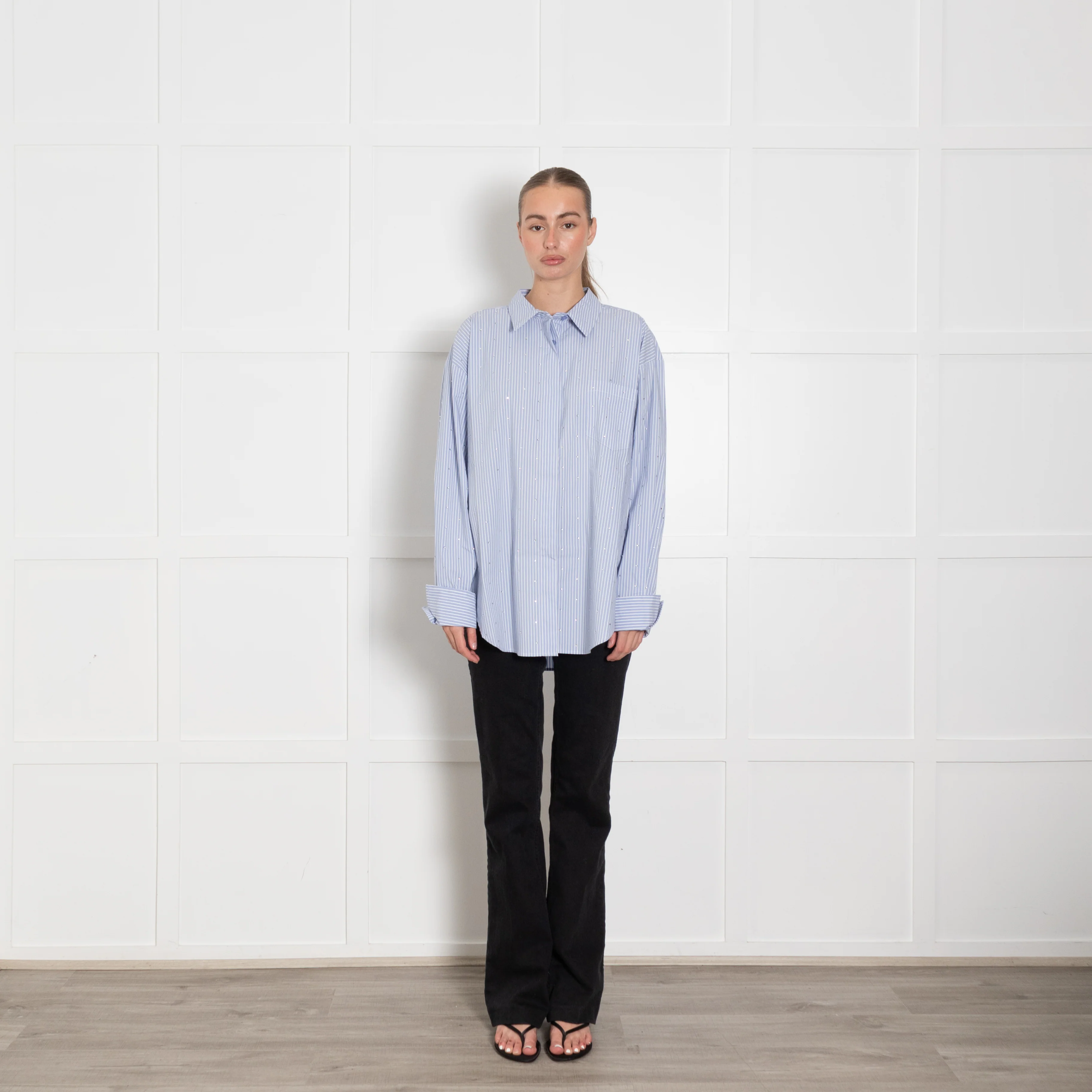 The Good American Rhinestone Stripe Poplin Blue Shirt