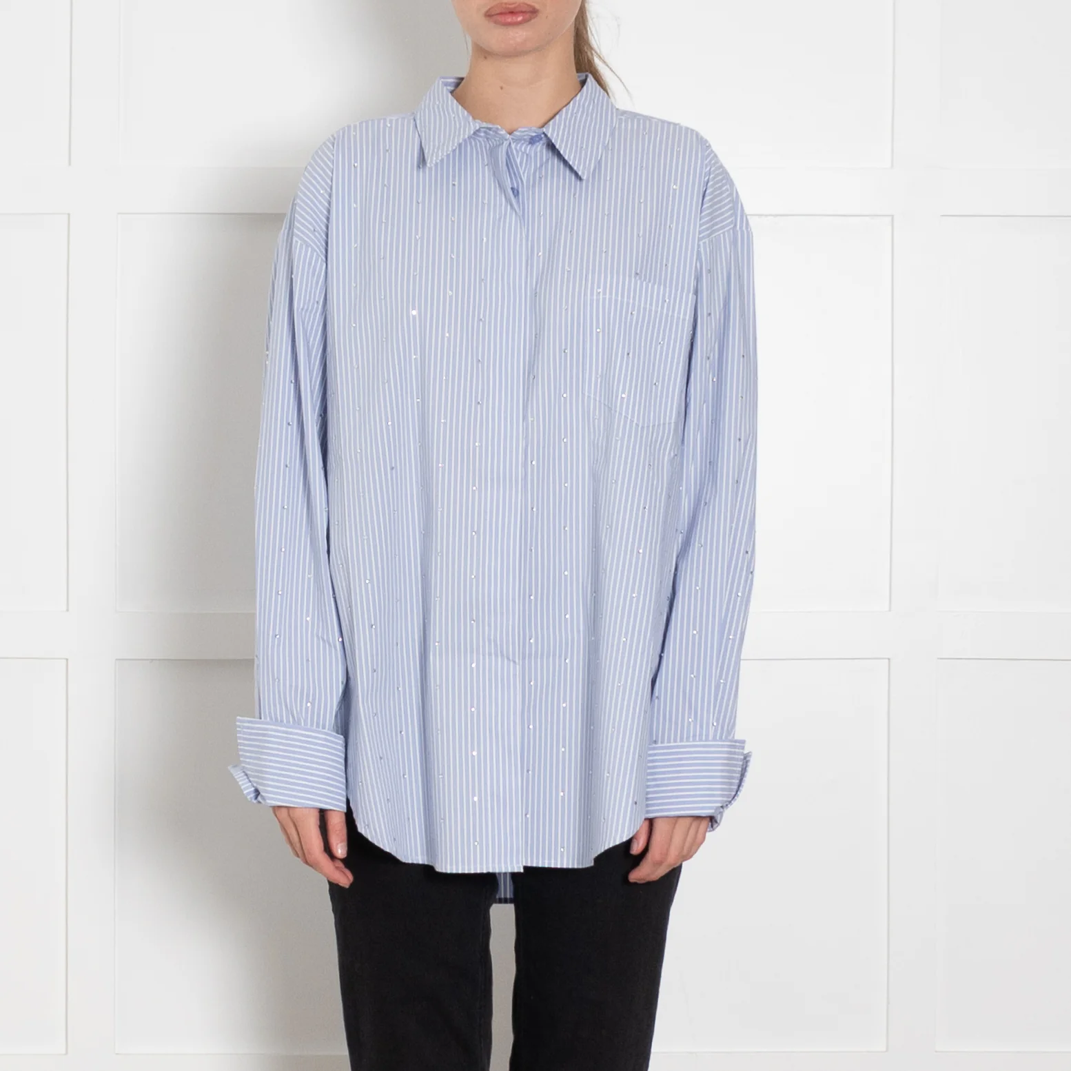 The Good American Rhinestone Stripe Poplin Blue Shirt - Image 2