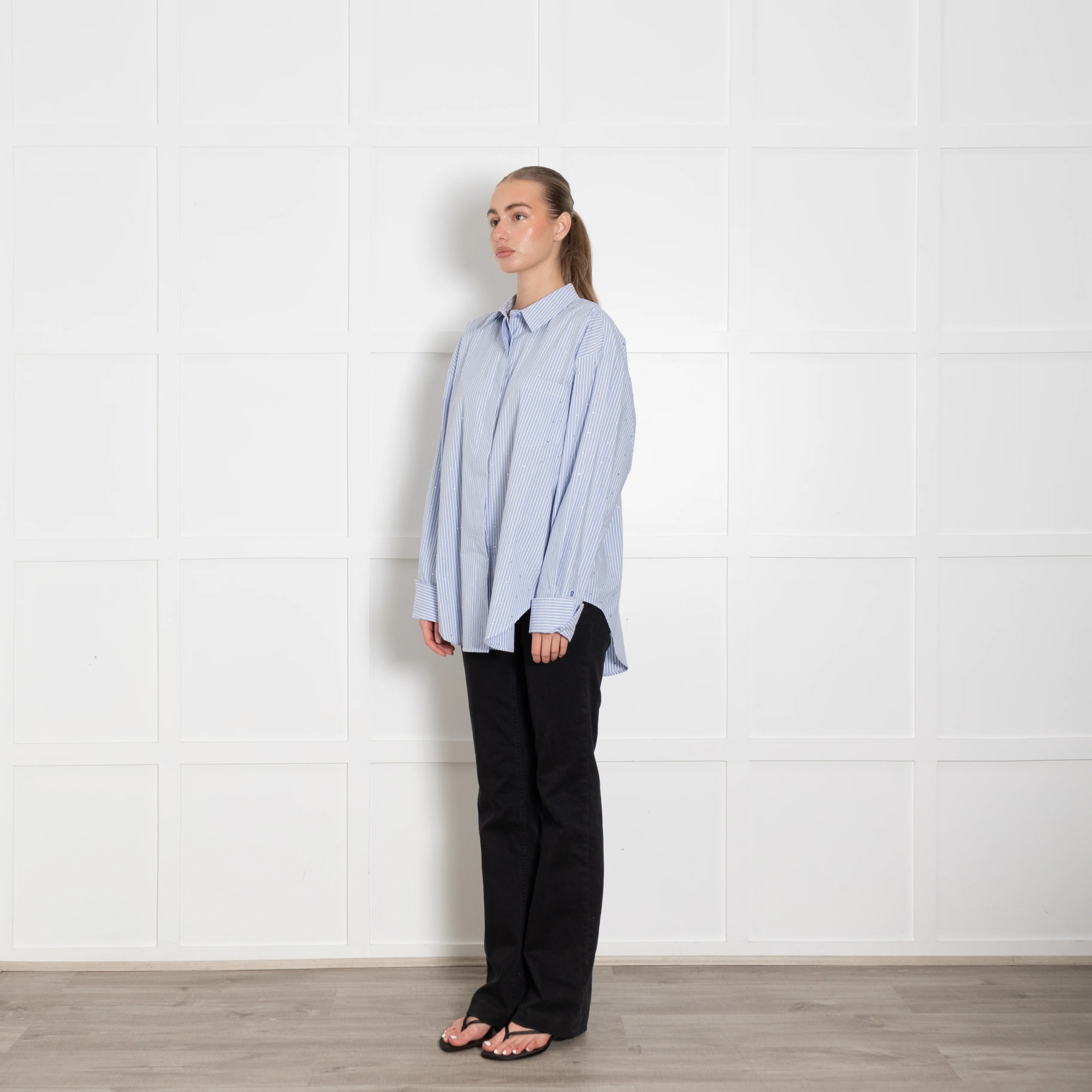 The Good American Rhinestone Stripe Poplin Blue Shirt - Image 3