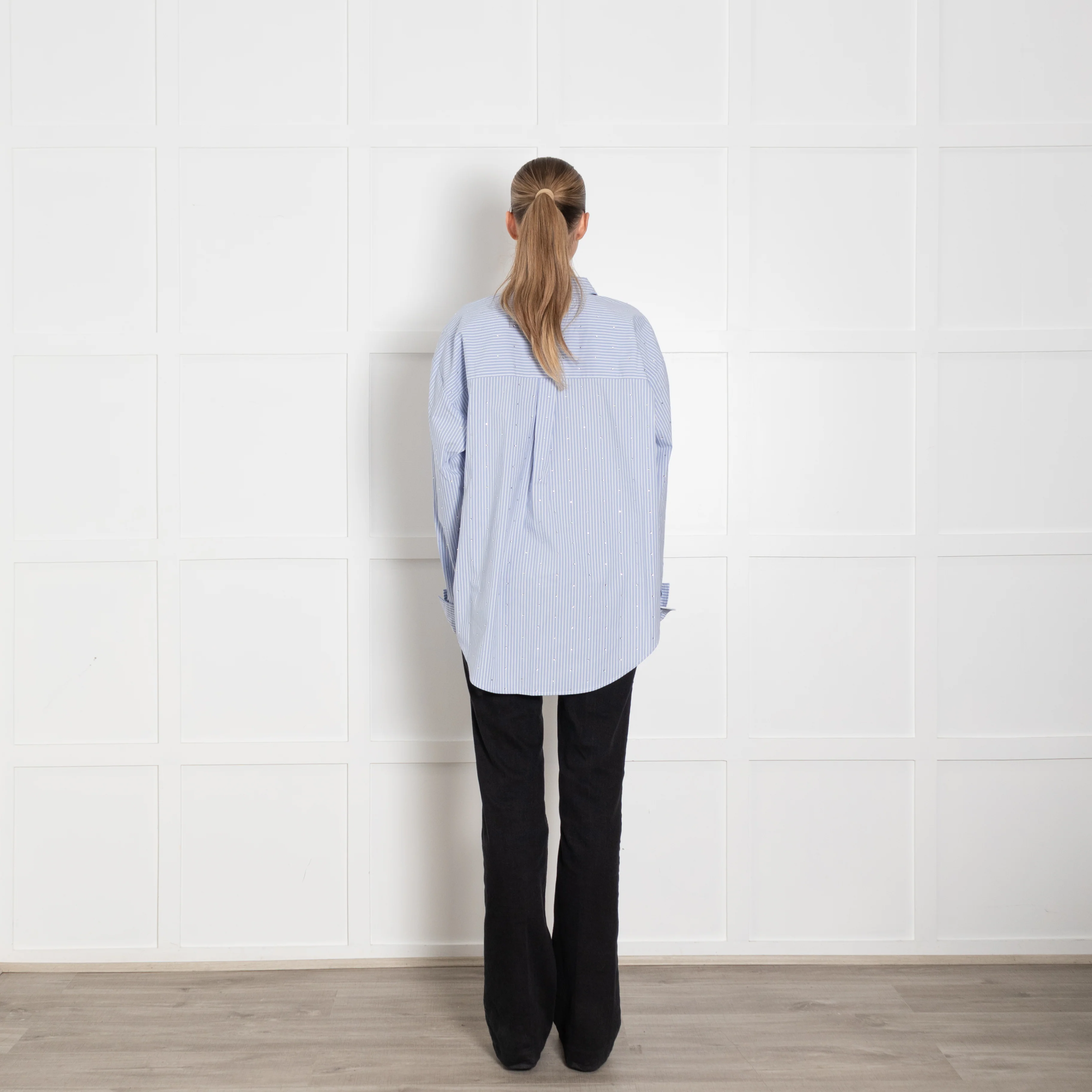 The Good American Rhinestone Stripe Poplin Blue Shirt - Image 5