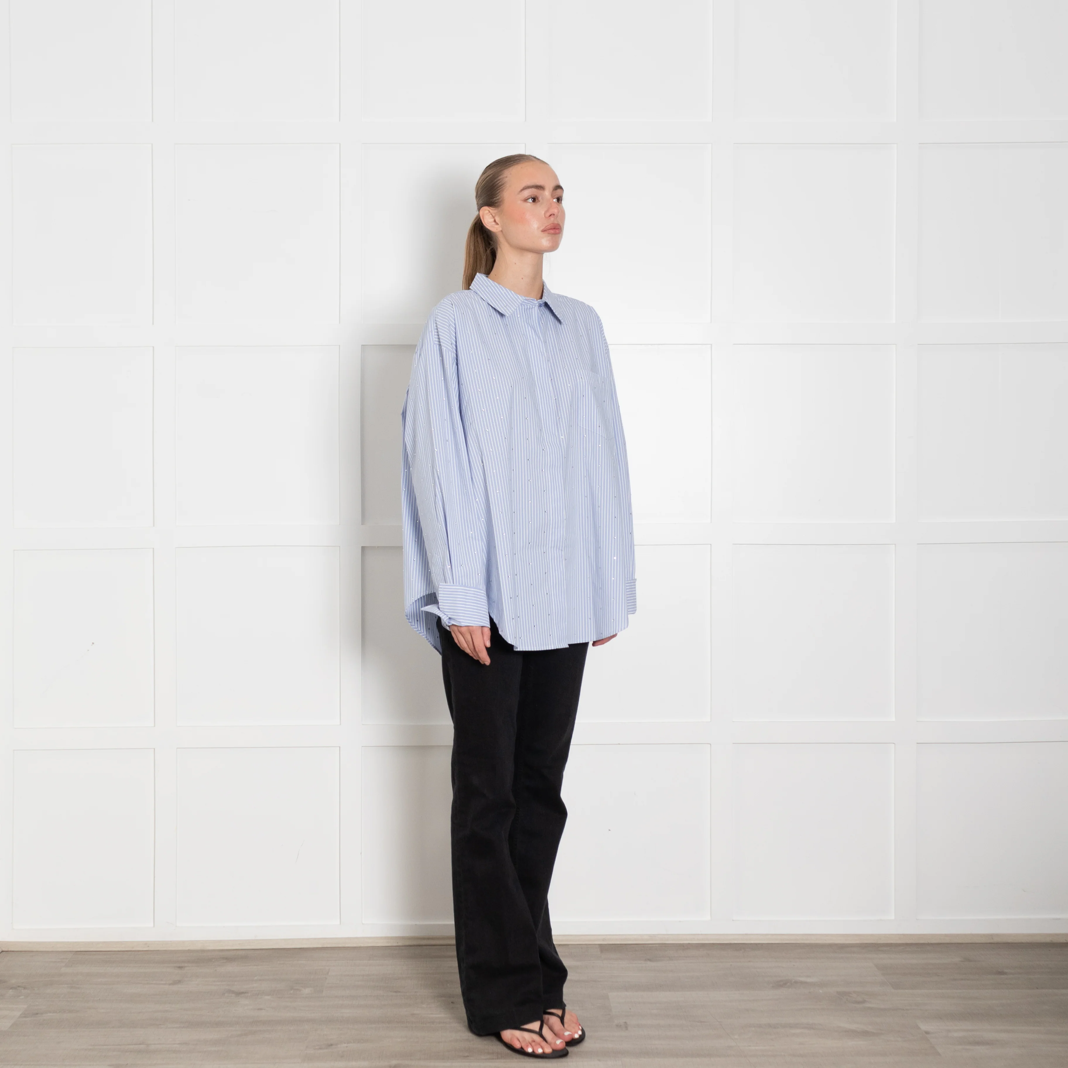 The Good American Rhinestone Stripe Poplin Blue Shirt - Image 7