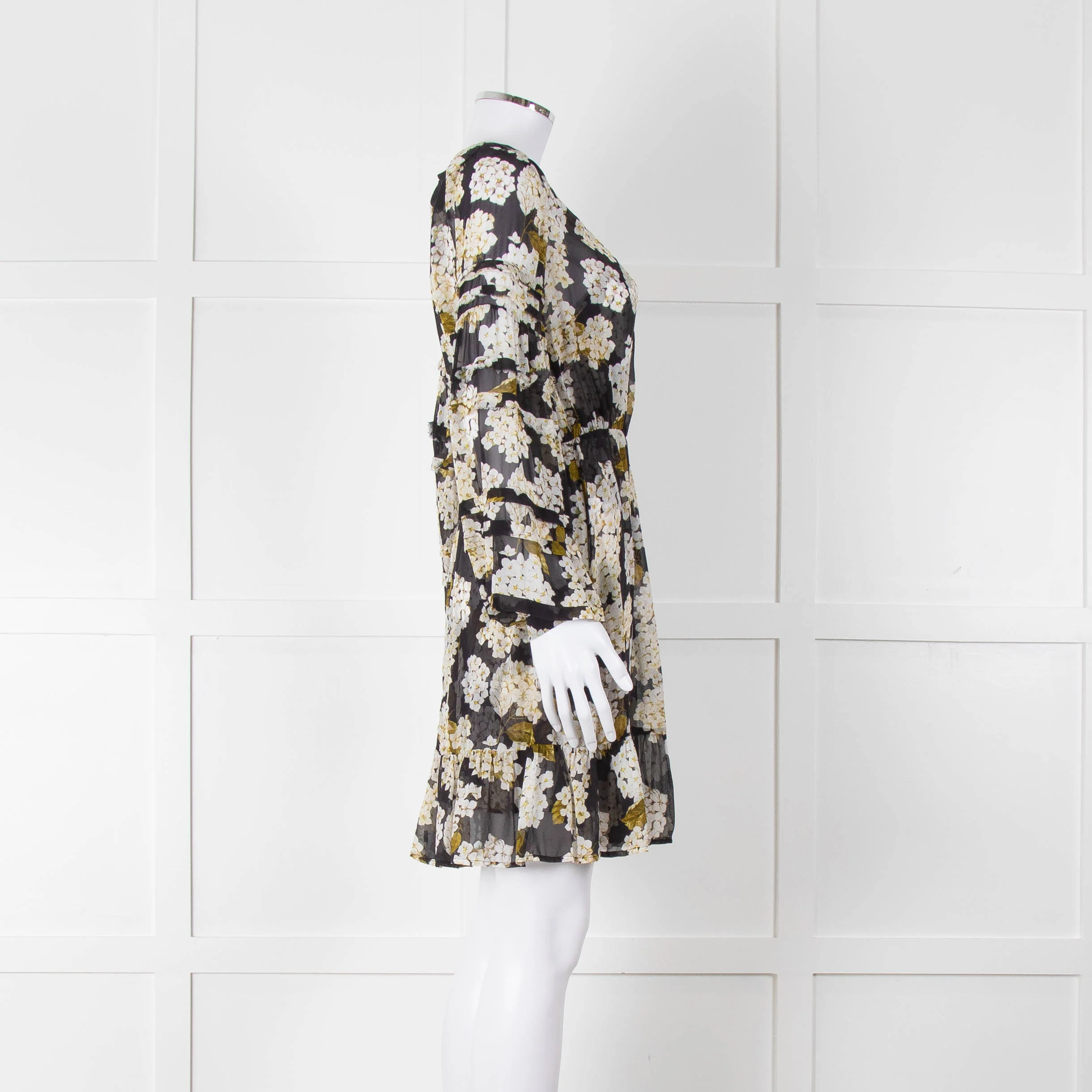 The Kooples Black White Floral Sheer Long Sleeve Short Dress With Slip - Image 3