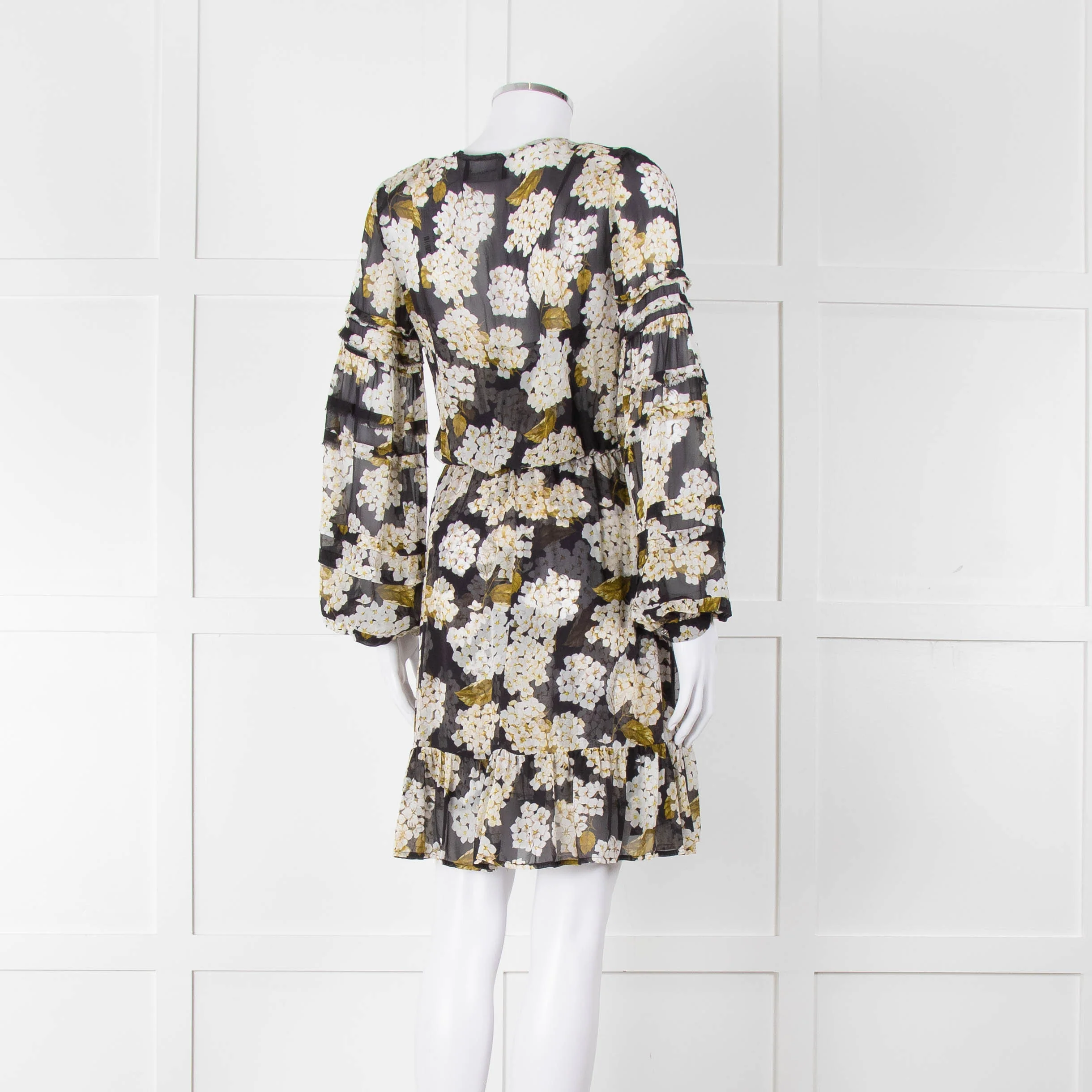 The Kooples Black White Floral Sheer Long Sleeve Short Dress With Slip - Image 4