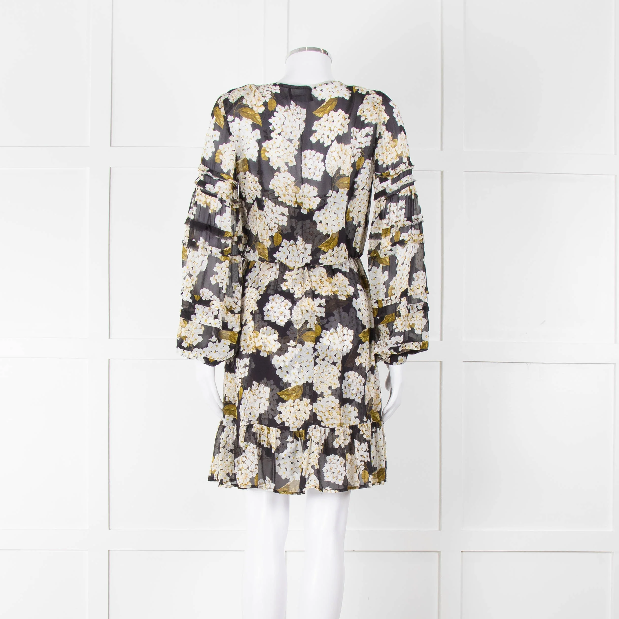 The Kooples Black White Floral Sheer Long Sleeve Short Dress With Slip - Image 5