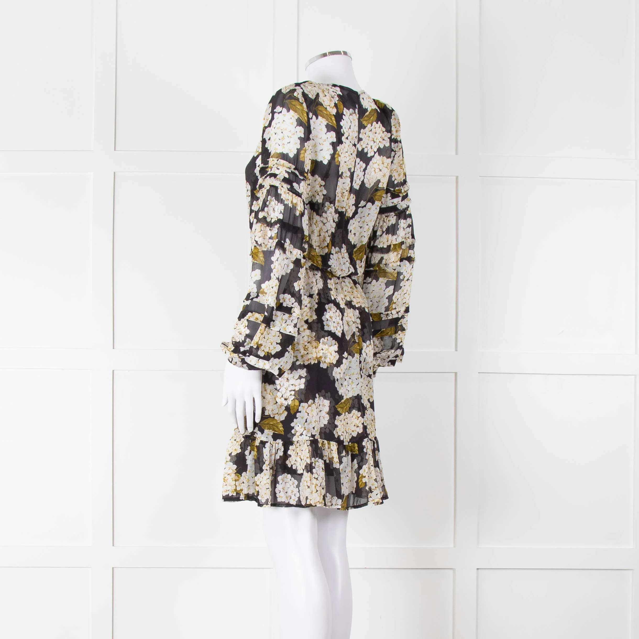 The Kooples Black White Floral Sheer Long Sleeve Short Dress With Slip - Image 6