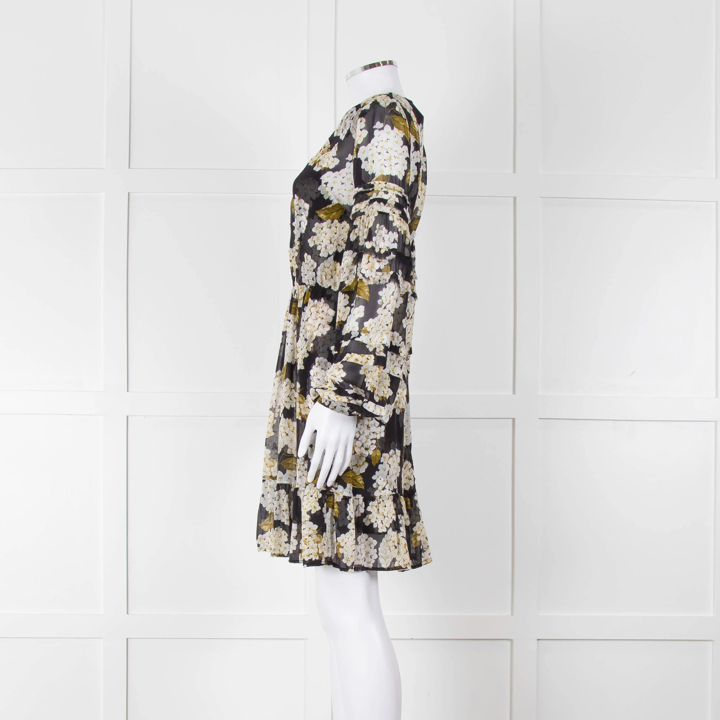 The Kooples Black White Floral Sheer Long Sleeve Short Dress With Slip - Image 7