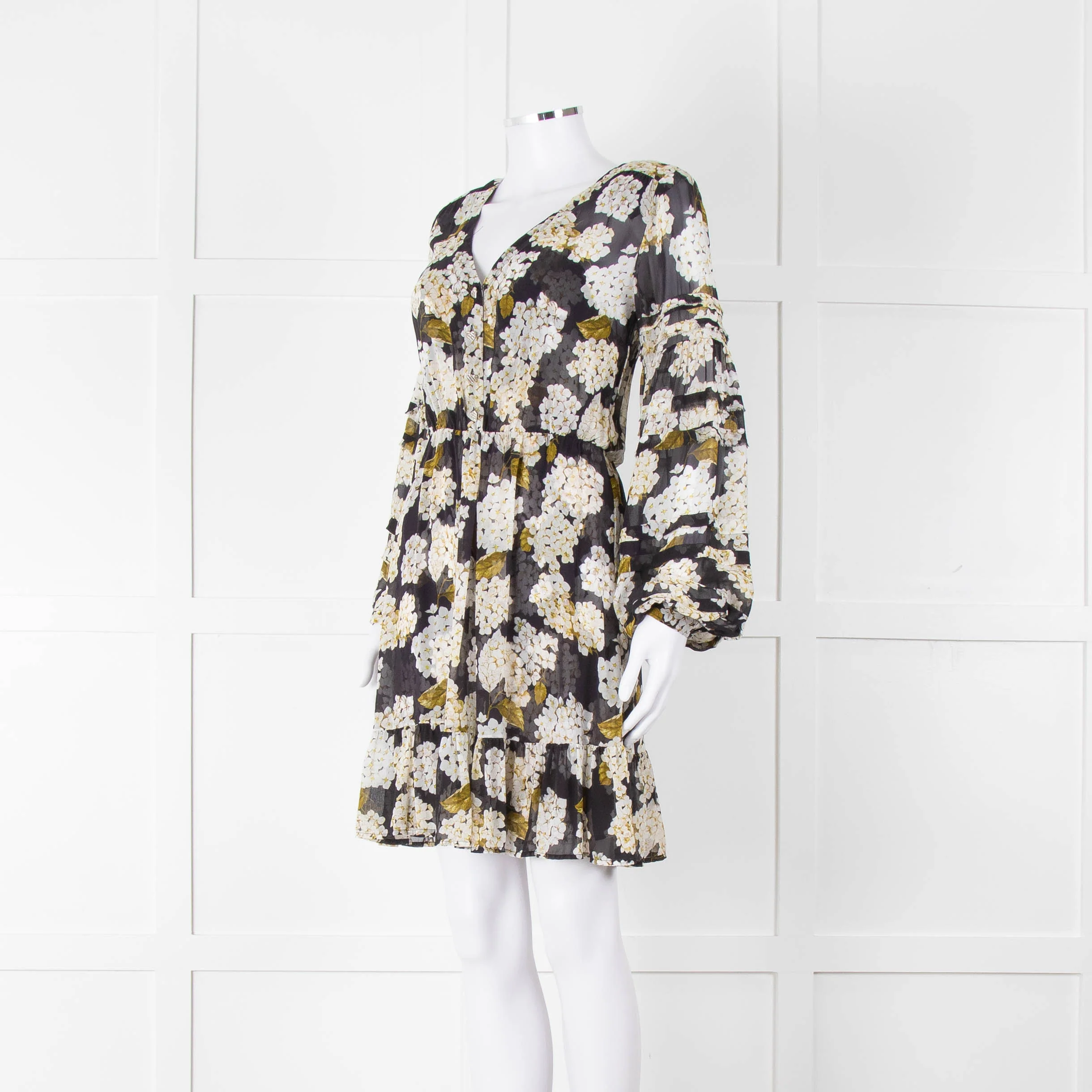 The Kooples Black White Floral Sheer Long Sleeve Short Dress With Slip - Image 8