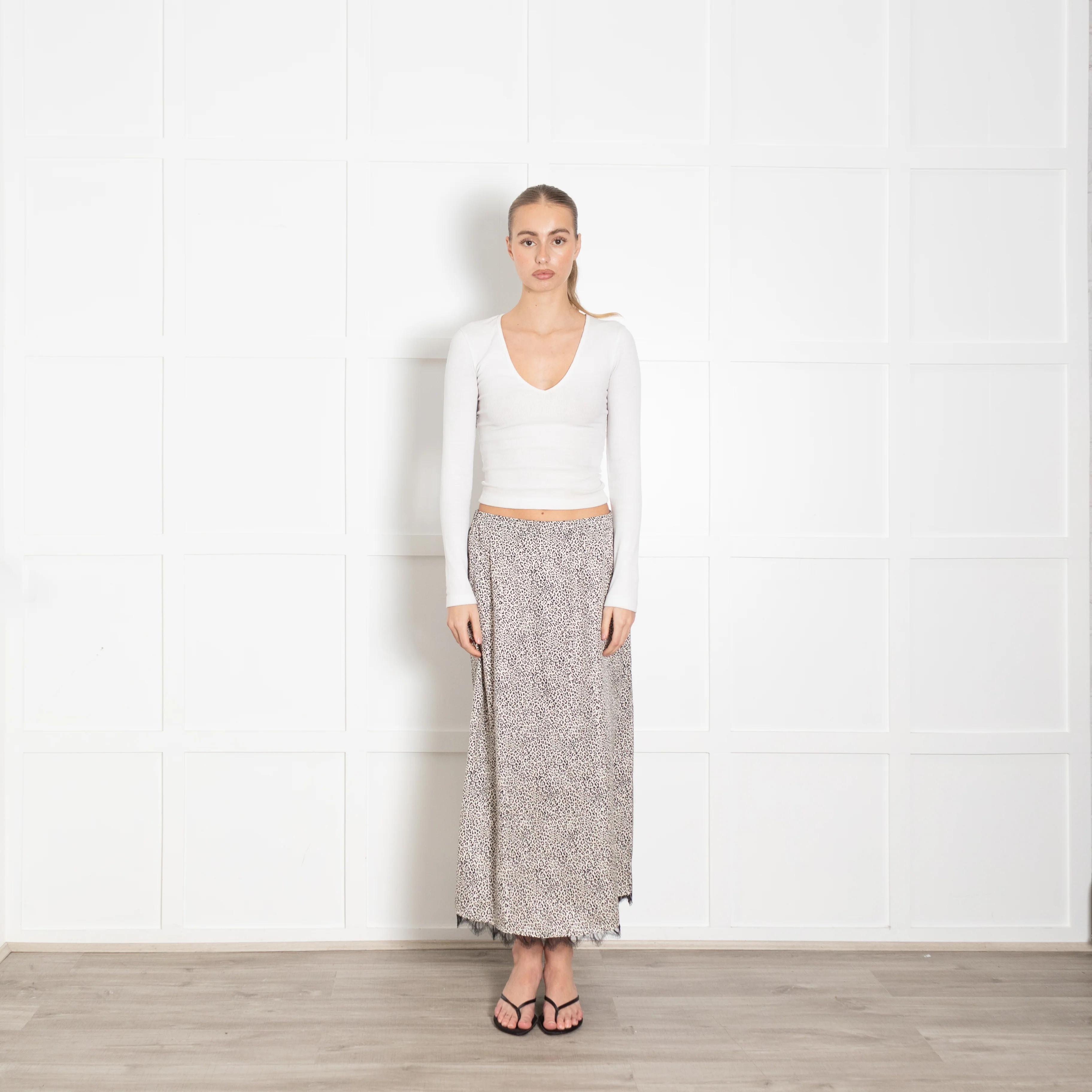The Kooples Animal Print Skirt With Elasticated Waist, Black Lace Trim & Side Split