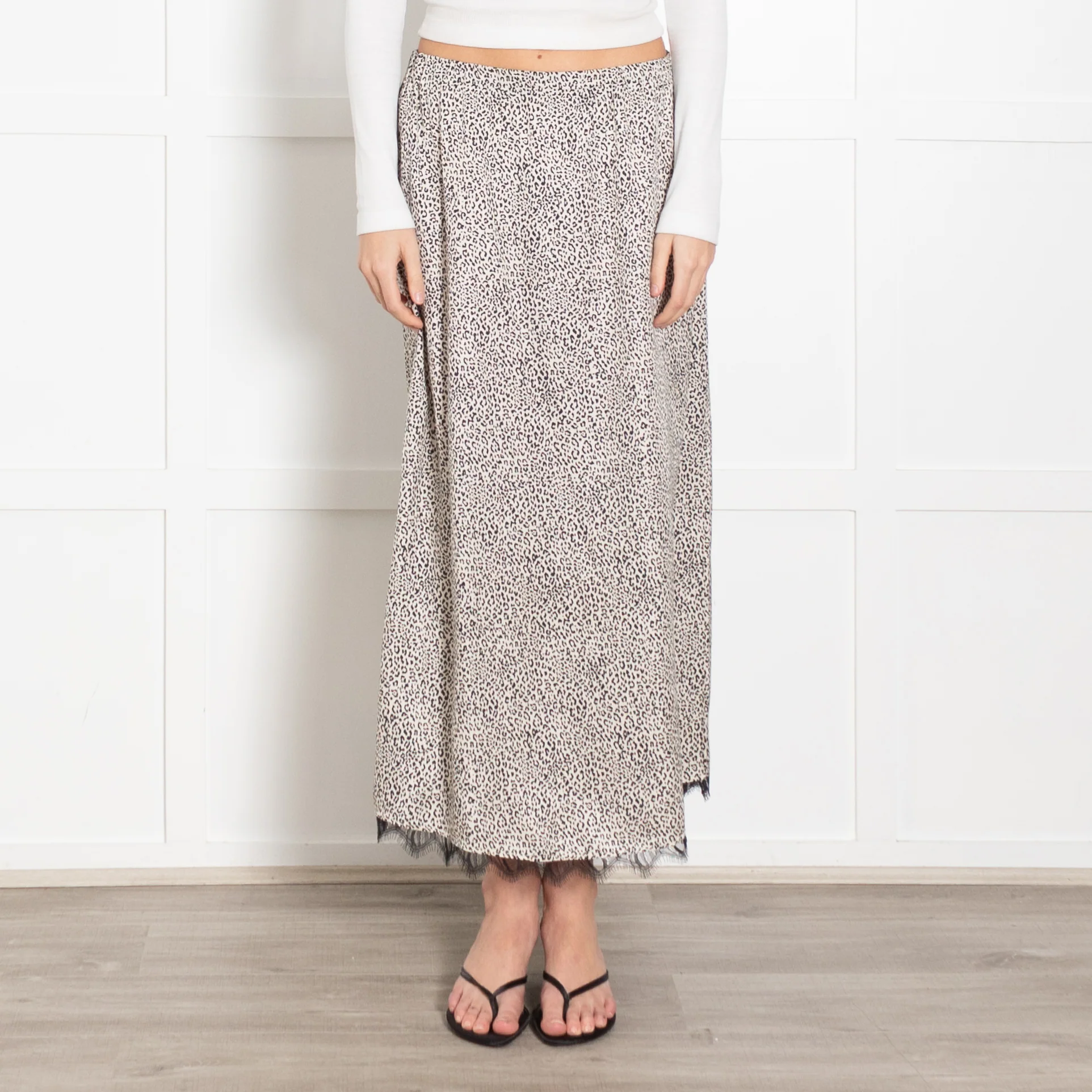 The Kooples Animal Print Skirt With Elasticated Waist, Black Lace Trim & Side Split - Image 2
