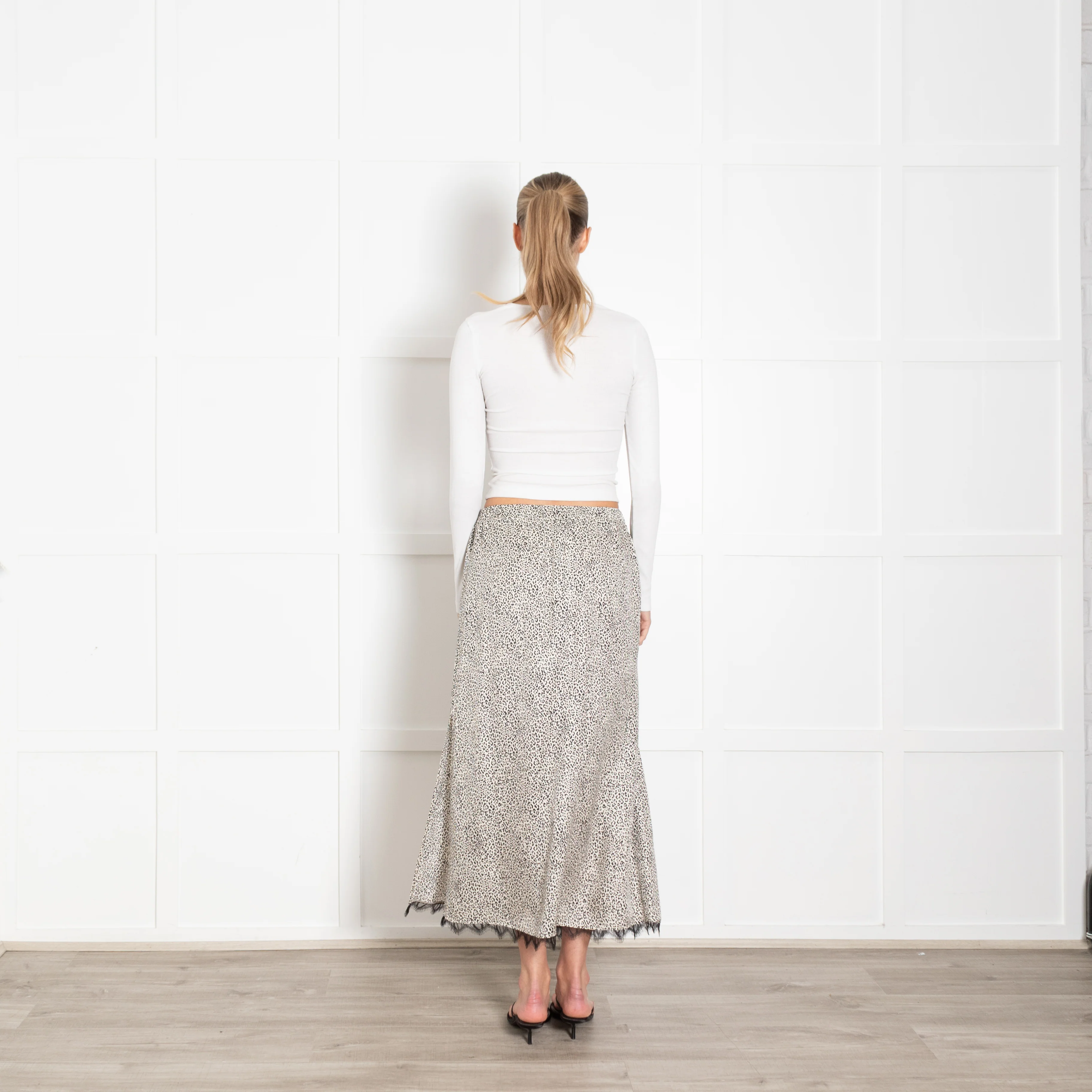 The Kooples Animal Print Skirt With Elasticated Waist, Black Lace Trim & Side Split - Image 5