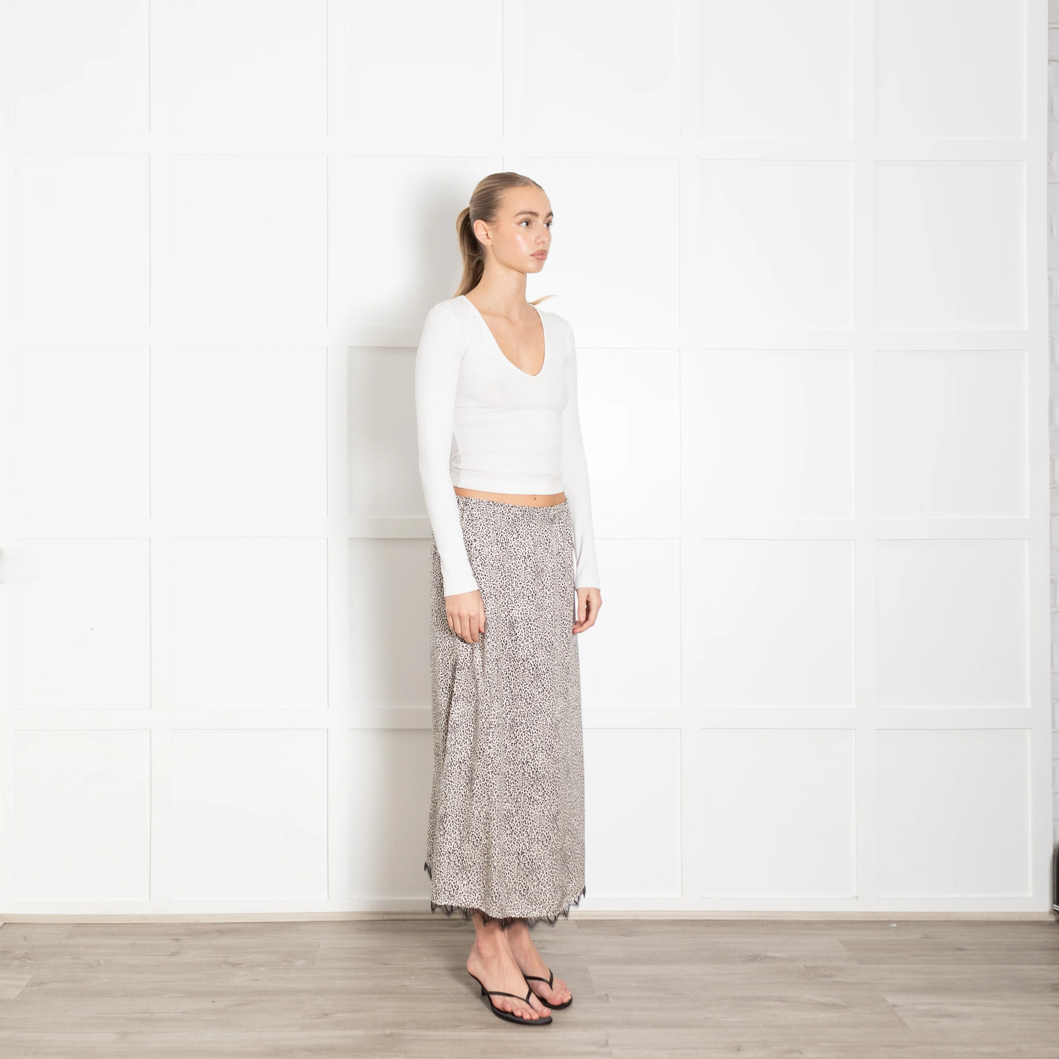 The Kooples Animal Print Skirt With Elasticated Waist, Black Lace Trim & Side Split - Image 7