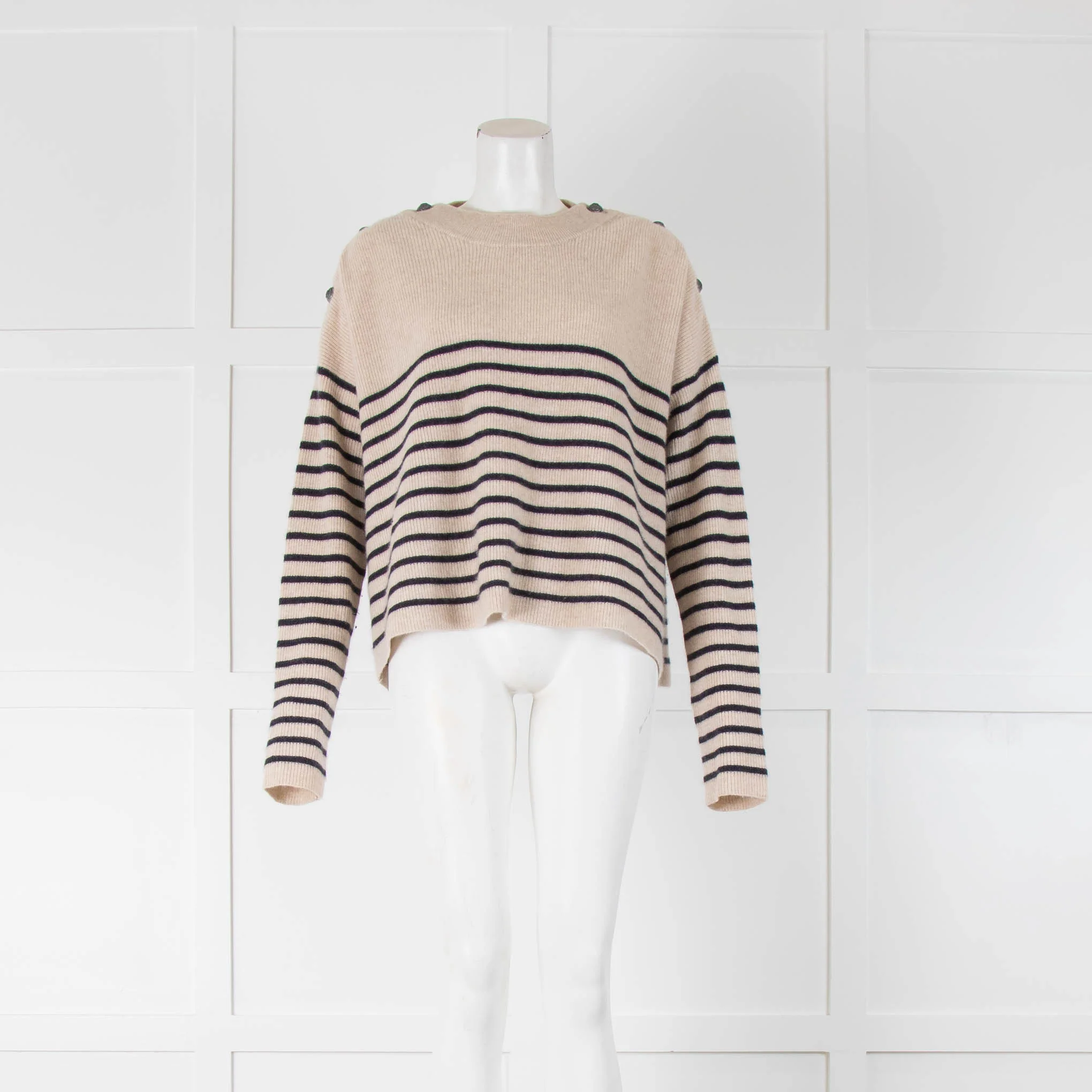 The Kooples Beige Jumper With Blue Stripes and Shoulder Buttons