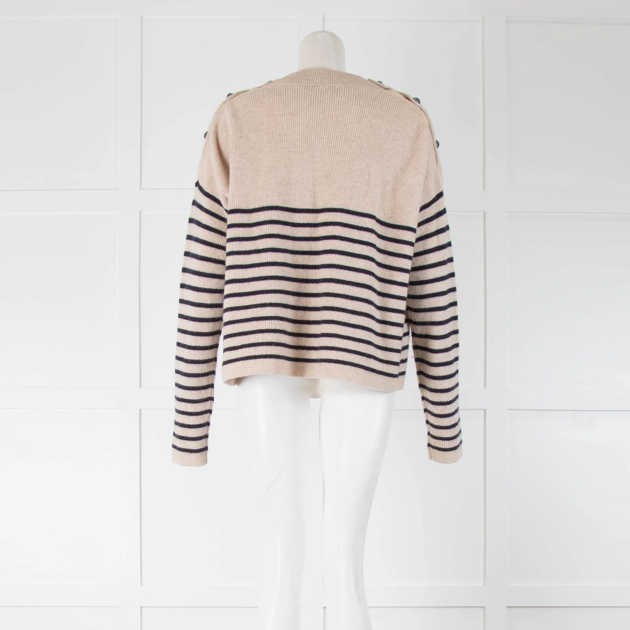 The Kooples Beige Jumper With Blue Stripes and Shoulder Buttons - Image 3