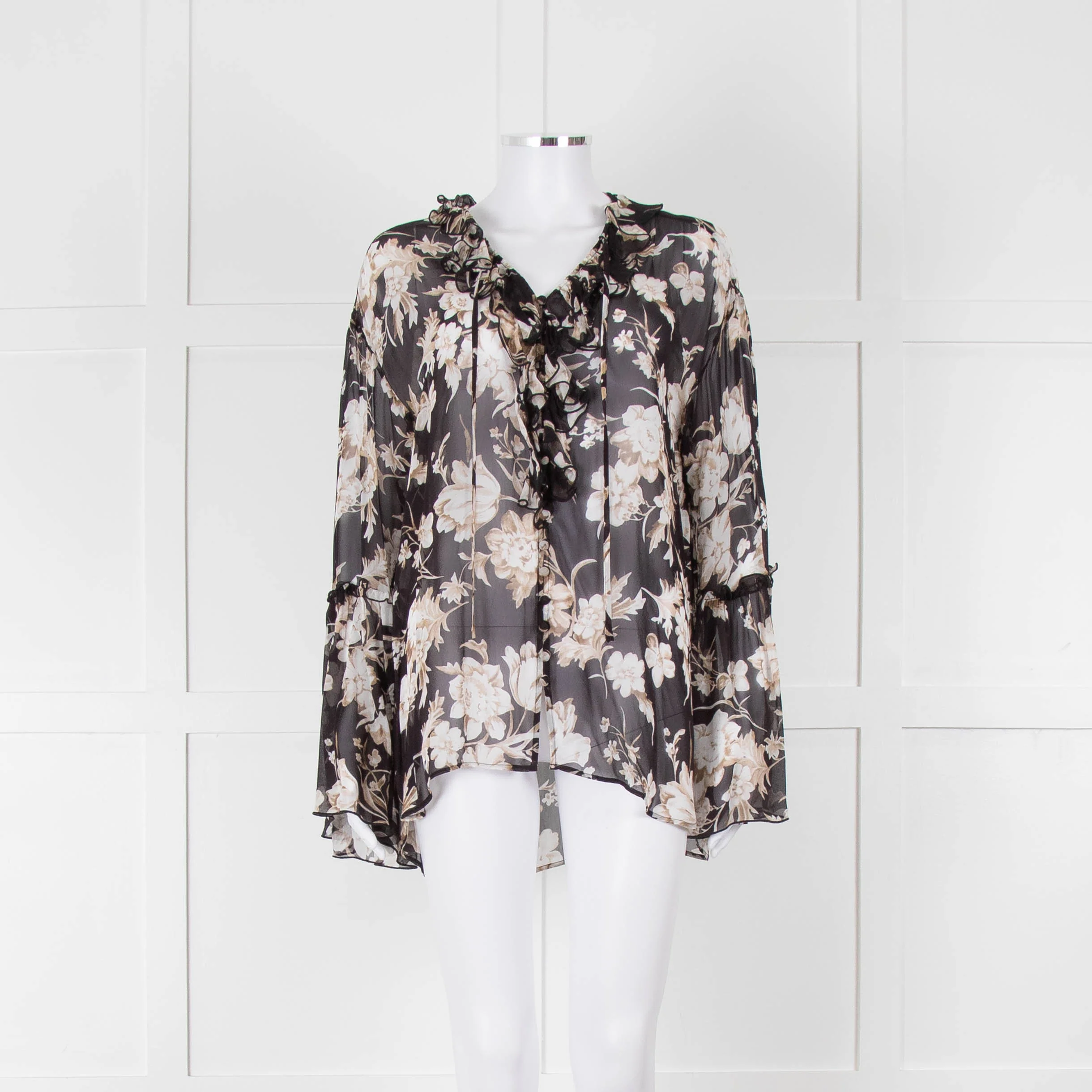 The Kooples Black Beige Floral Frill Long Sleeve Sheer Blouse