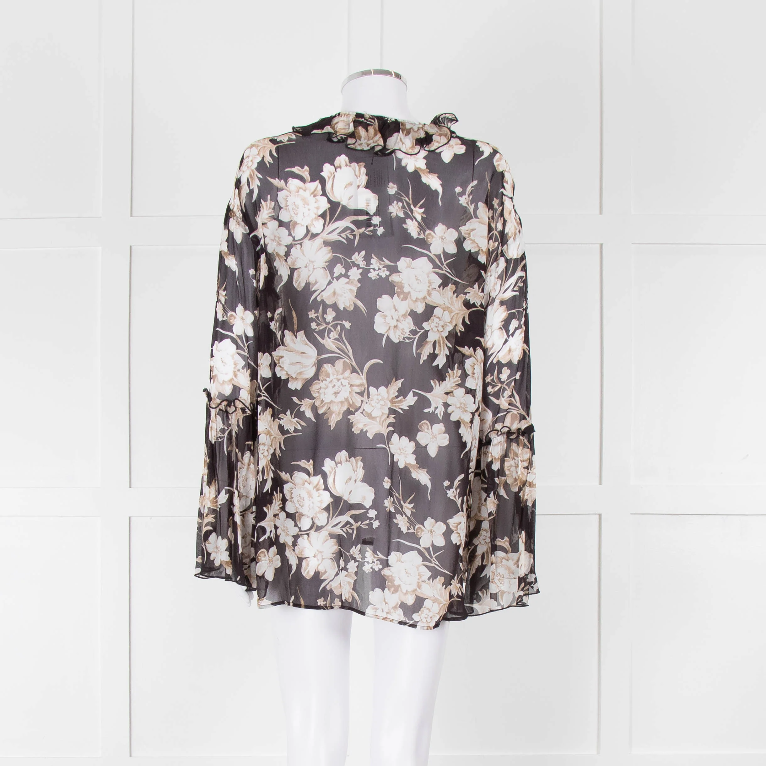The Kooples Black Beige Floral Frill Long Sleeve Sheer Blouse - Image 5