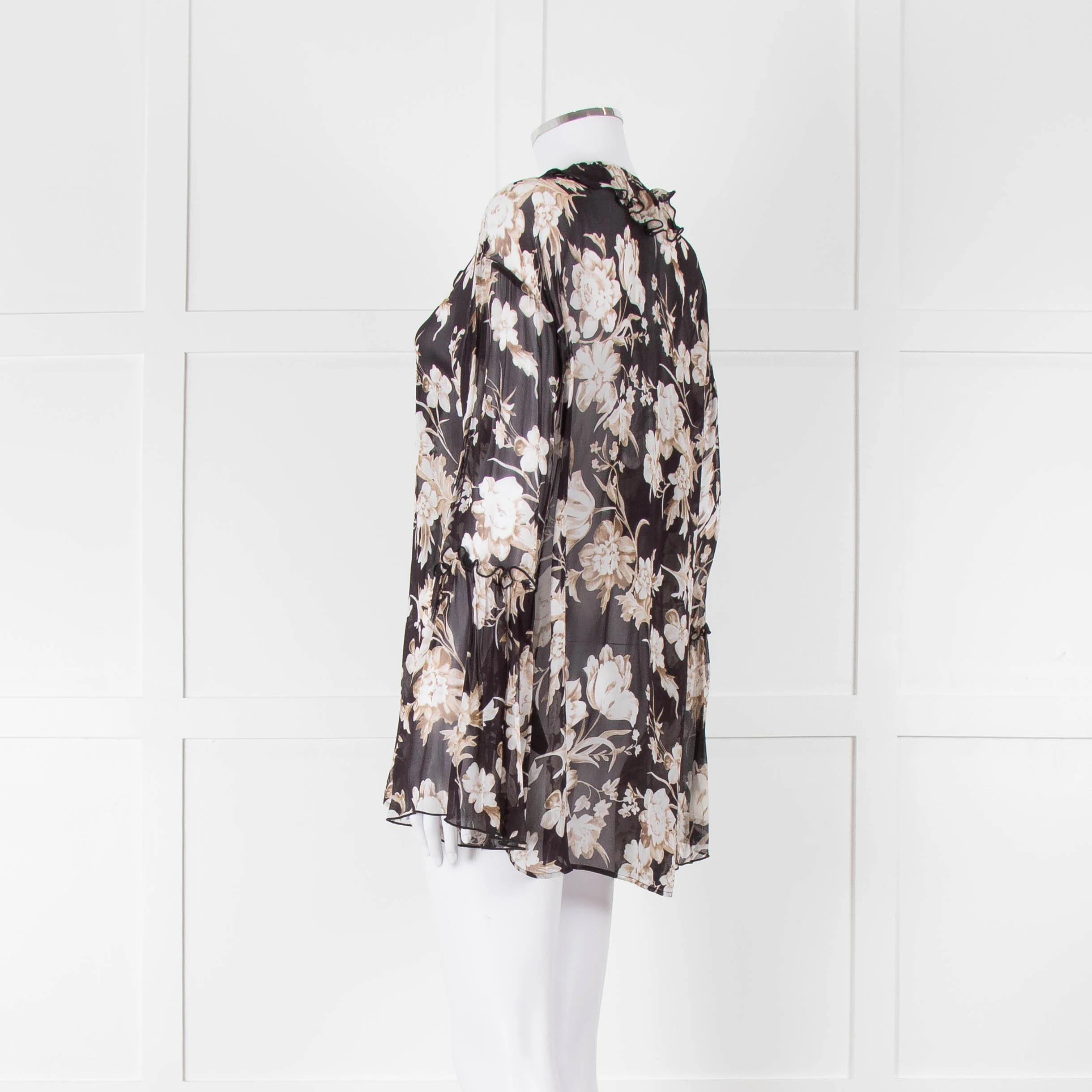 The Kooples Black Beige Floral Frill Long Sleeve Sheer Blouse - Image 6