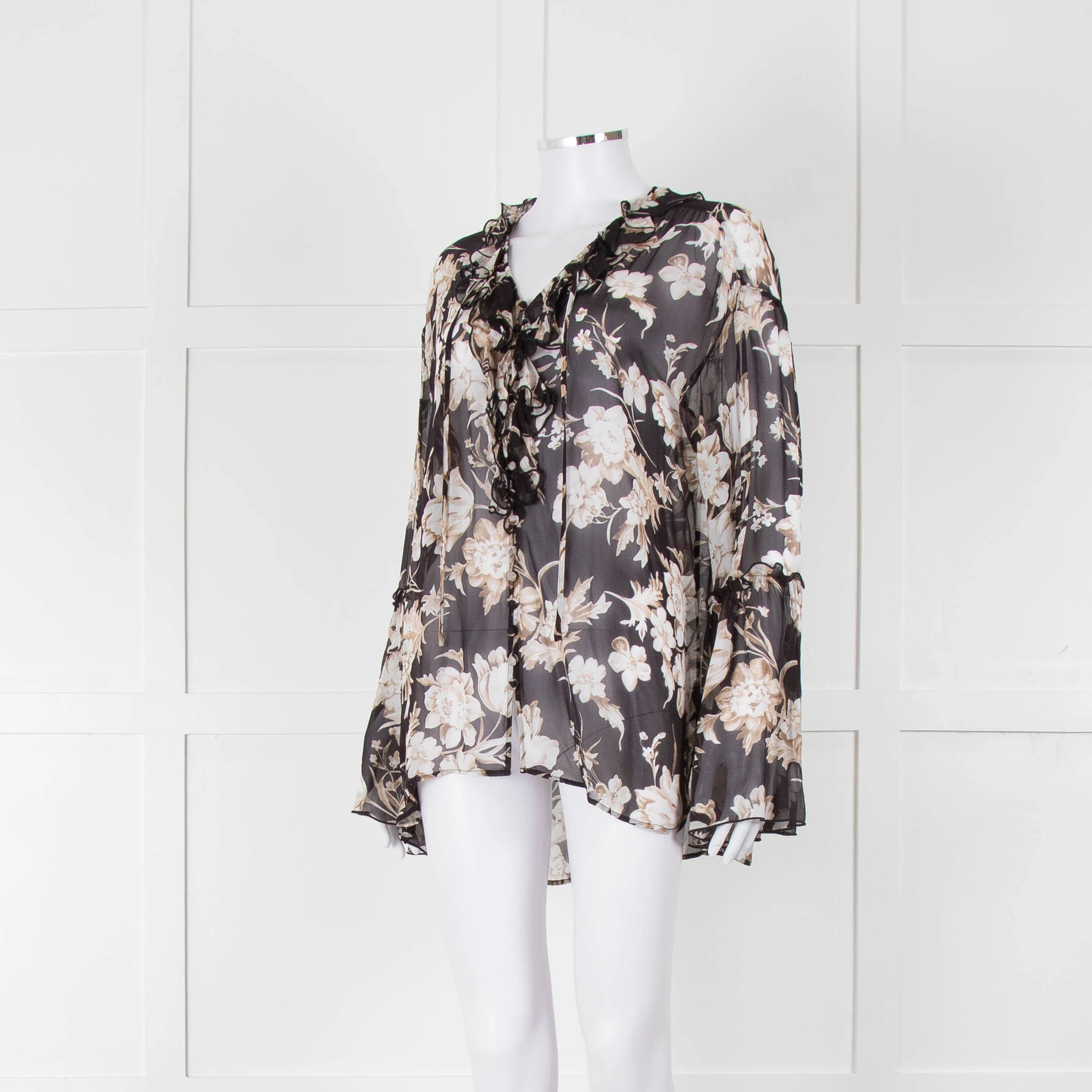 The Kooples Black Beige Floral Frill Long Sleeve Sheer Blouse - Image 8