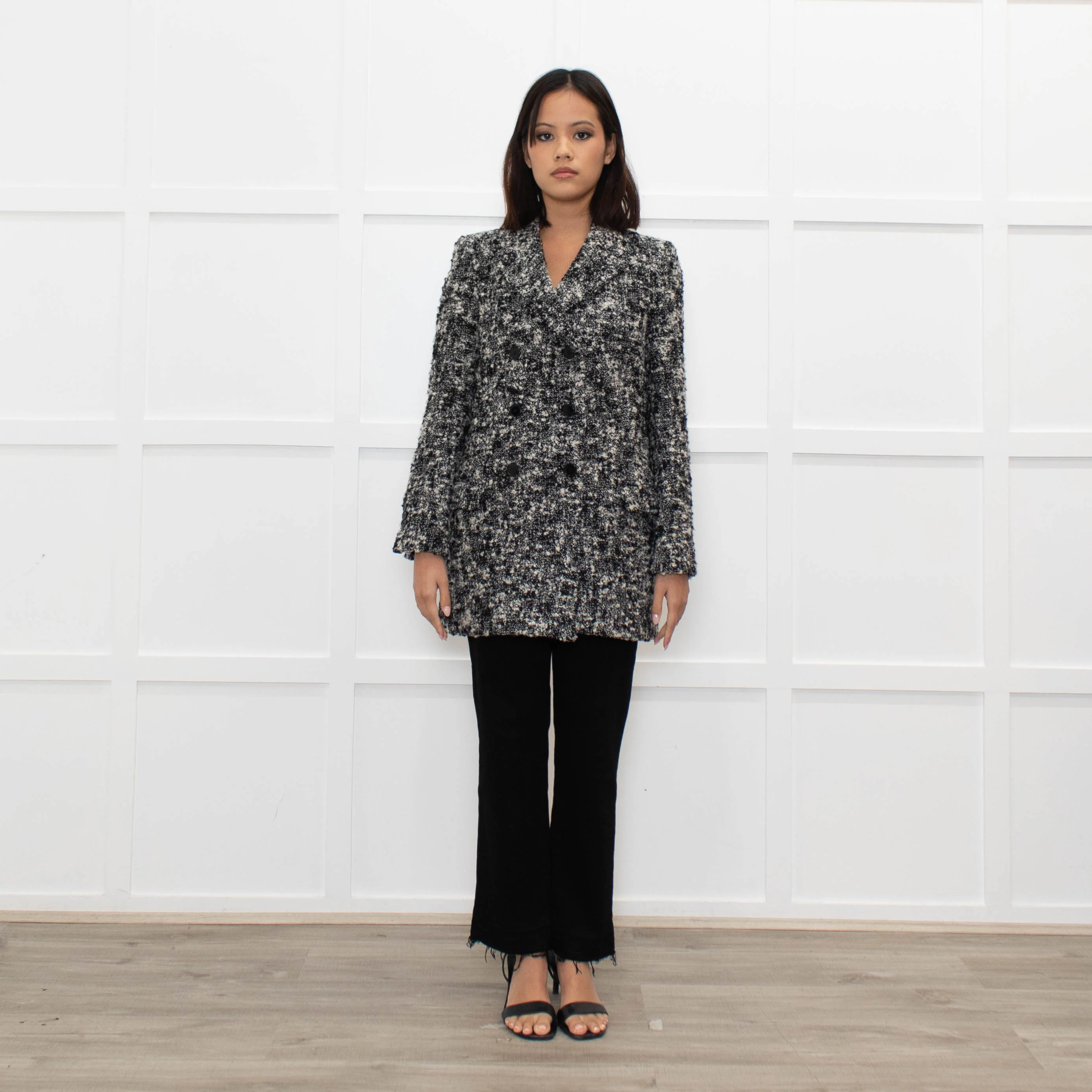 The Kooples Black Cream Melange Tweedy Short Coat