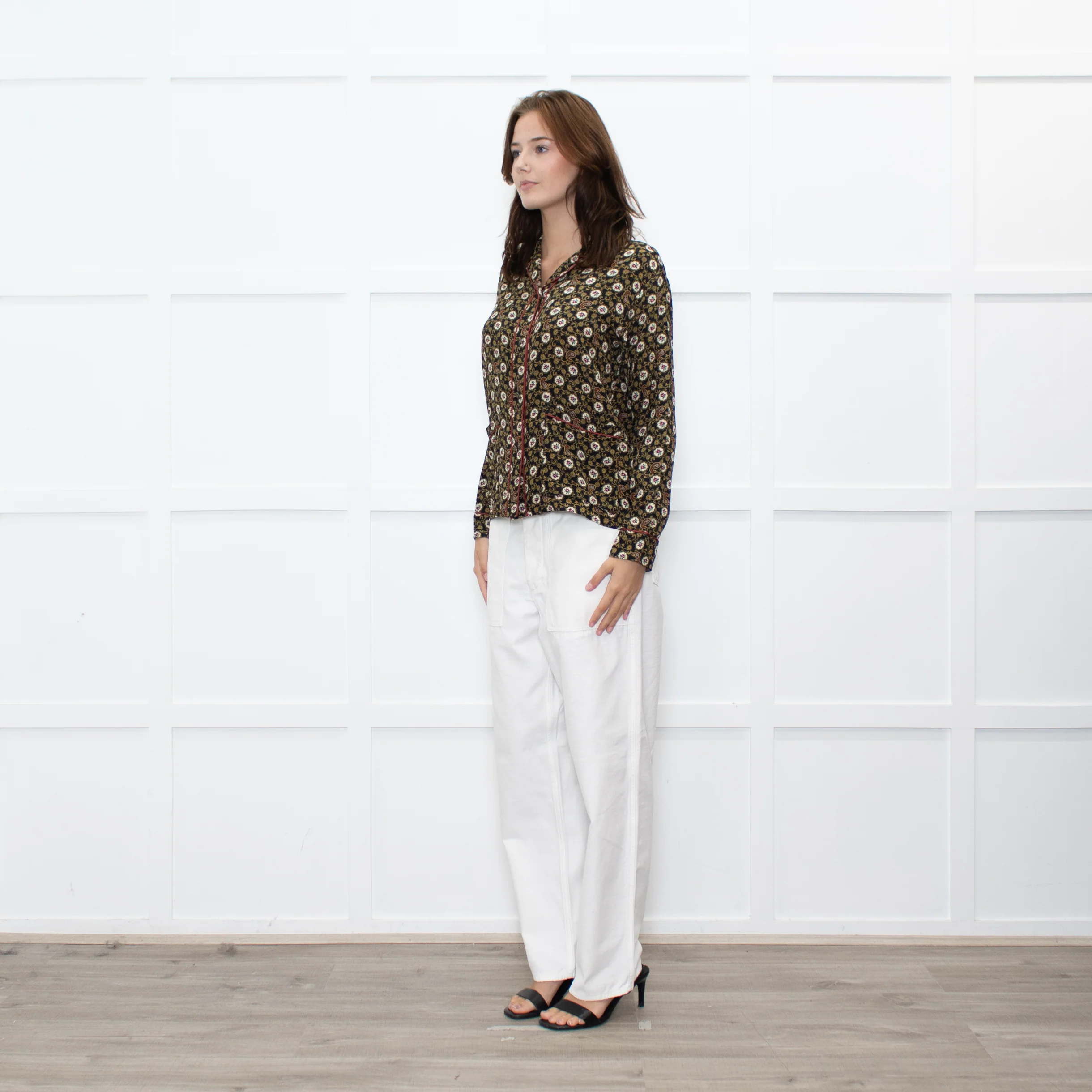 The Kooples Black Mustard Floral Red Trim Pyjama Style Shirt - Image 3