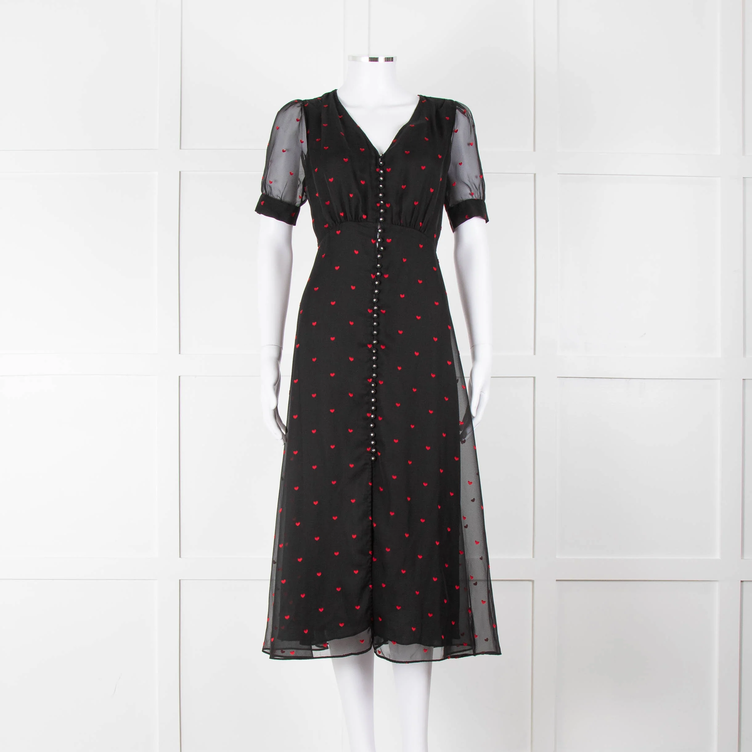 The Kooples Black Pink Heart Short Sleeve Midi Dress