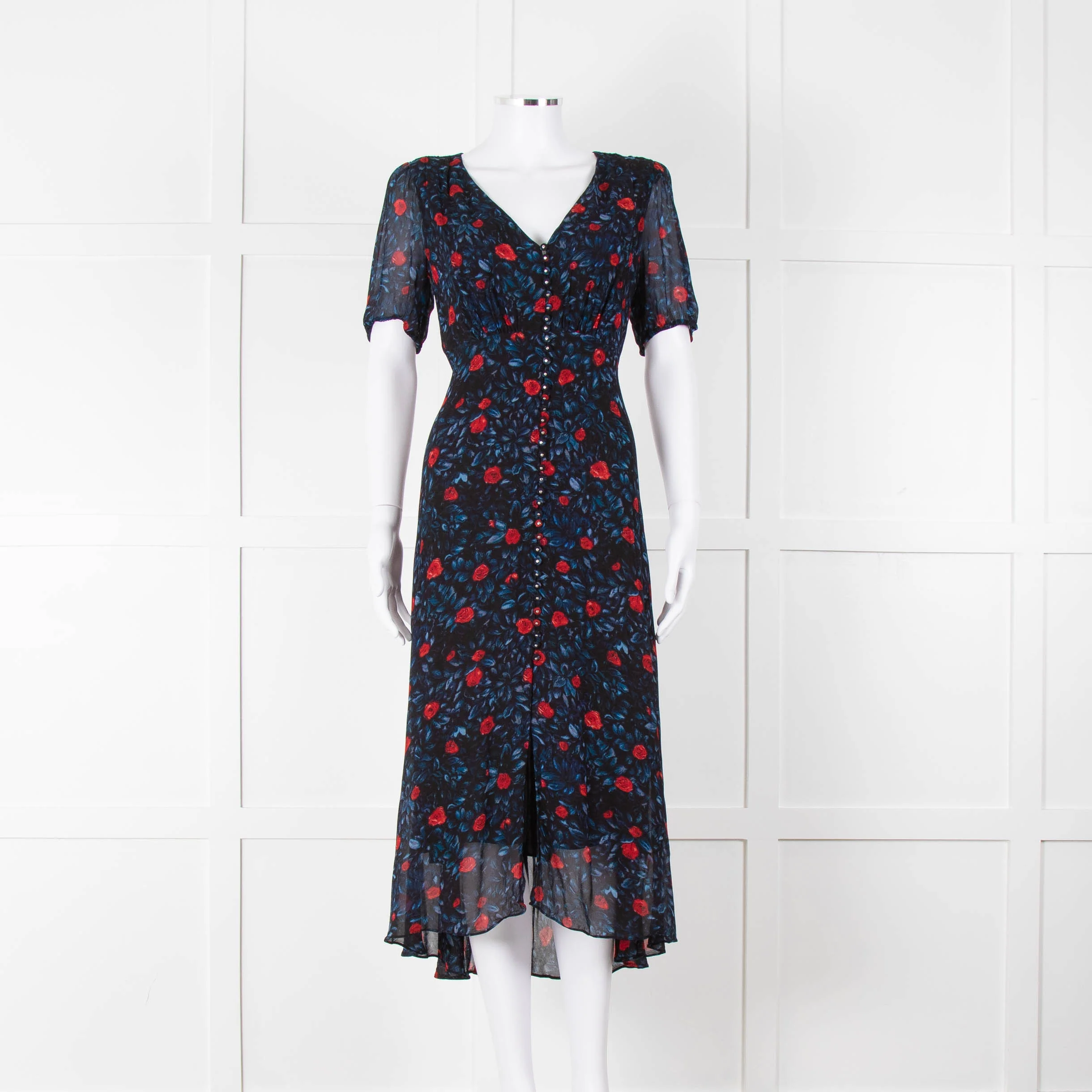 The Kooples Black Red Blue Floral Short Sleeve Midi Dress