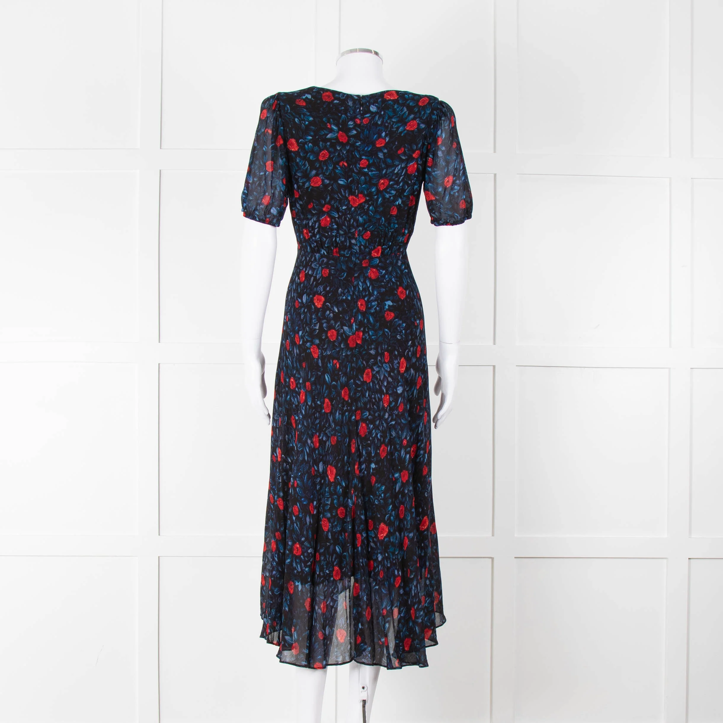 The Kooples Black Red Blue Floral Short Sleeve Midi Dress - Image 5
