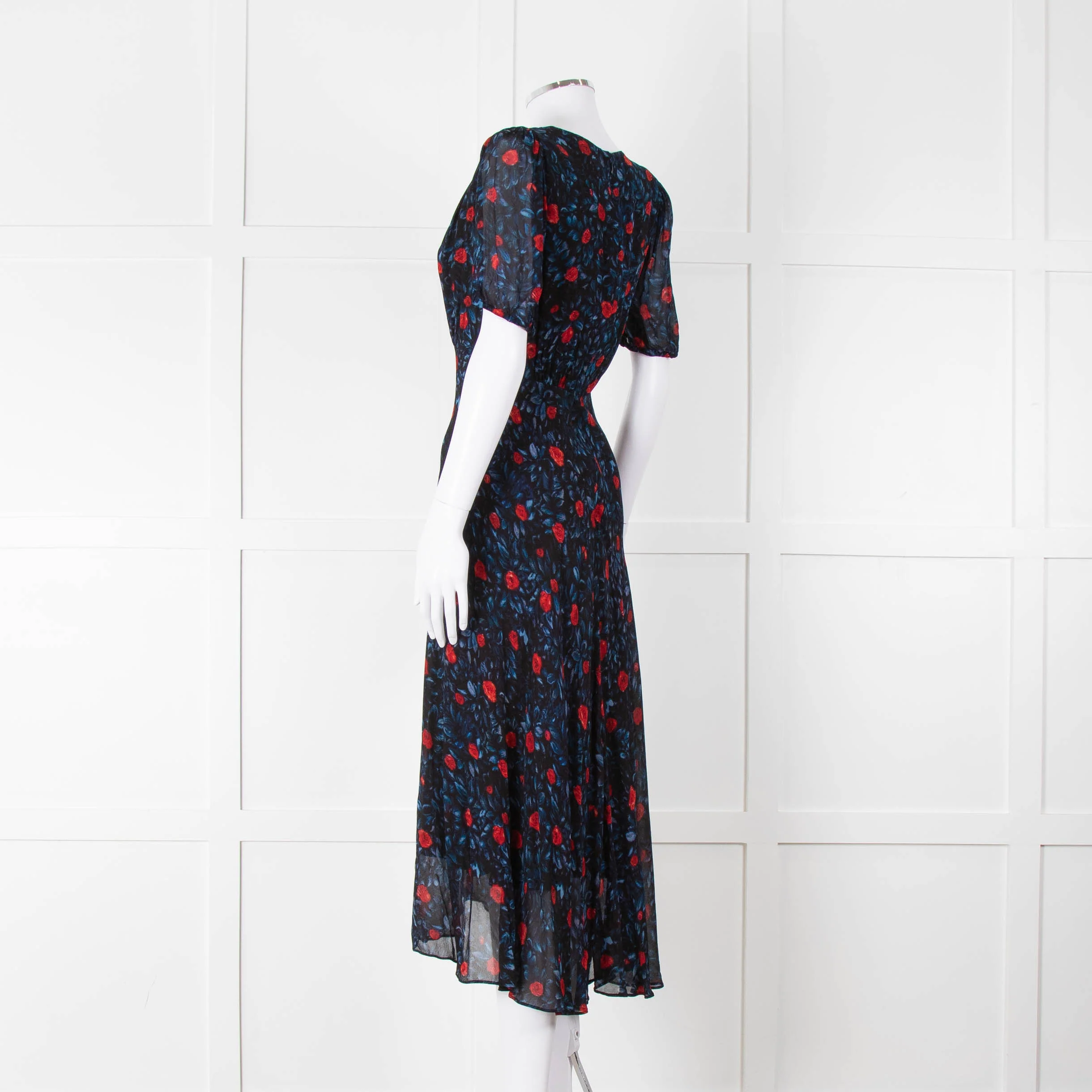 The Kooples Black Red Blue Floral Short Sleeve Midi Dress - Image 6