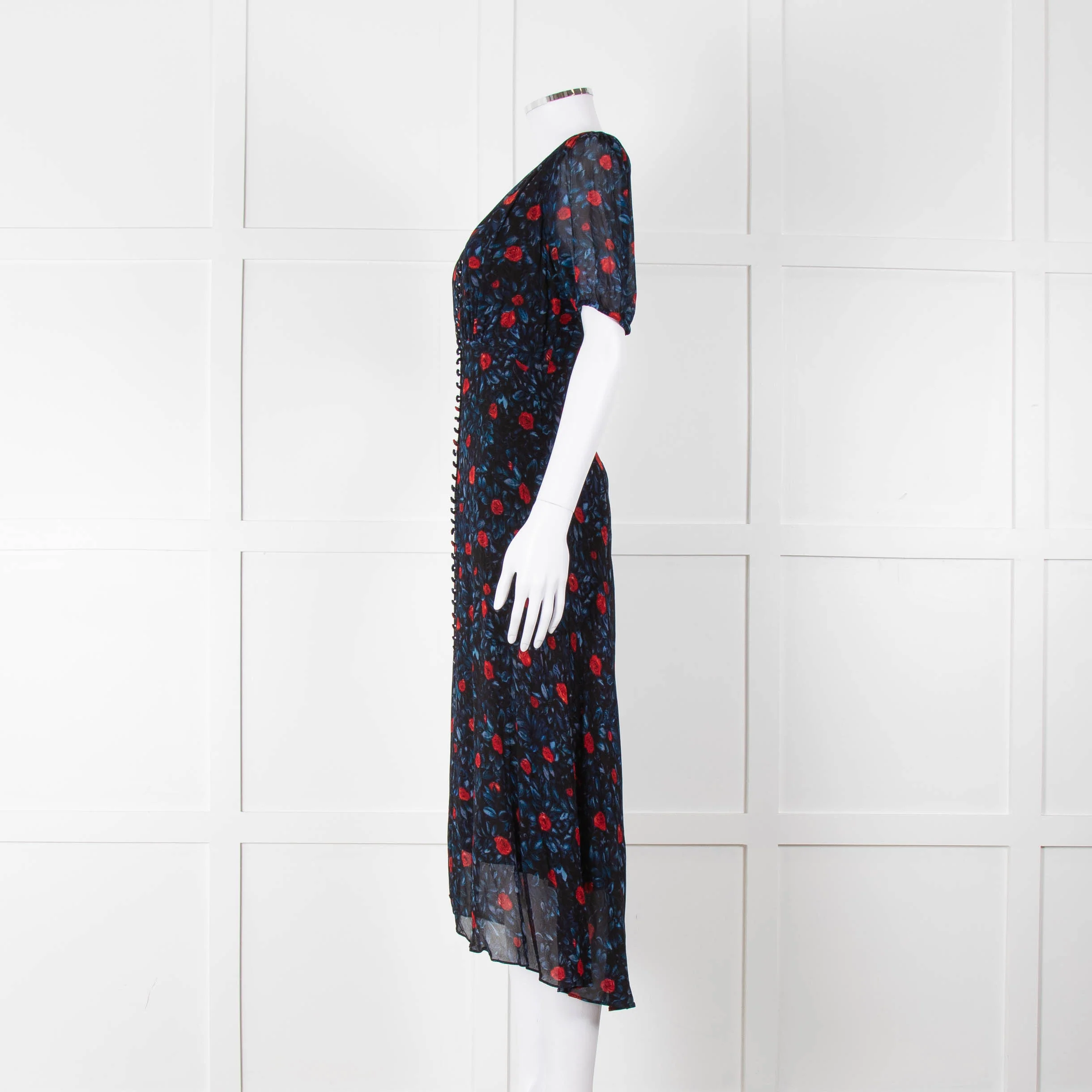 The Kooples Black Red Blue Floral Short Sleeve Midi Dress - Image 7